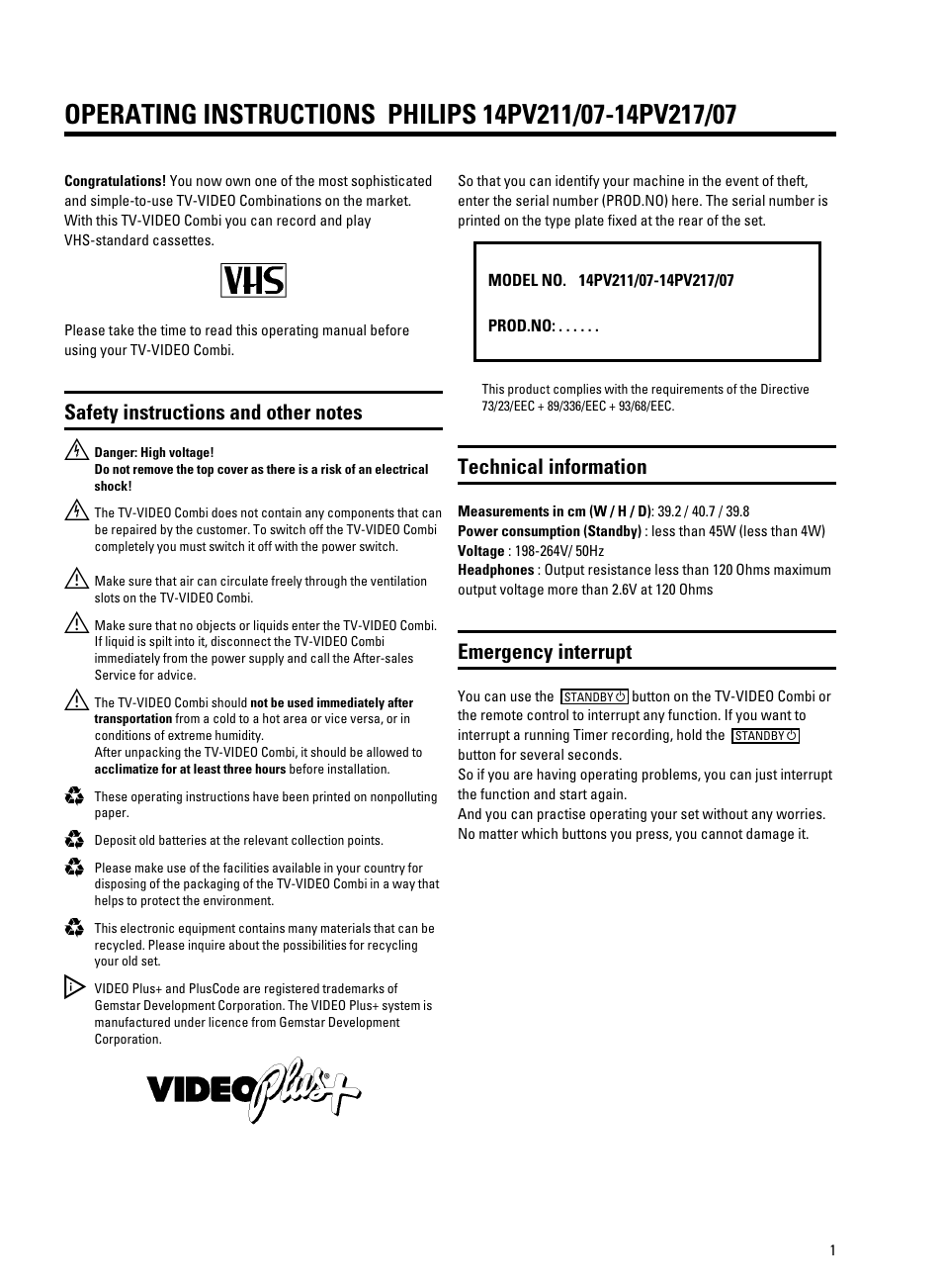 Technical information, Emergency interrupt | Philips TV-Video Combi 14PV211 User Manual | Page 4 / 24