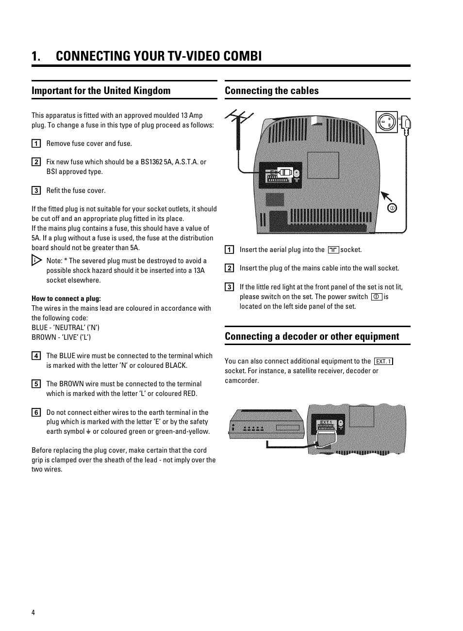 Connecting your tv-video combi, Connecting the cables, Connecting a decoder or other equipment | Important for the united kingdom | Philips TV-Video Combi 14PV211 User Manual | Page 6 / 24