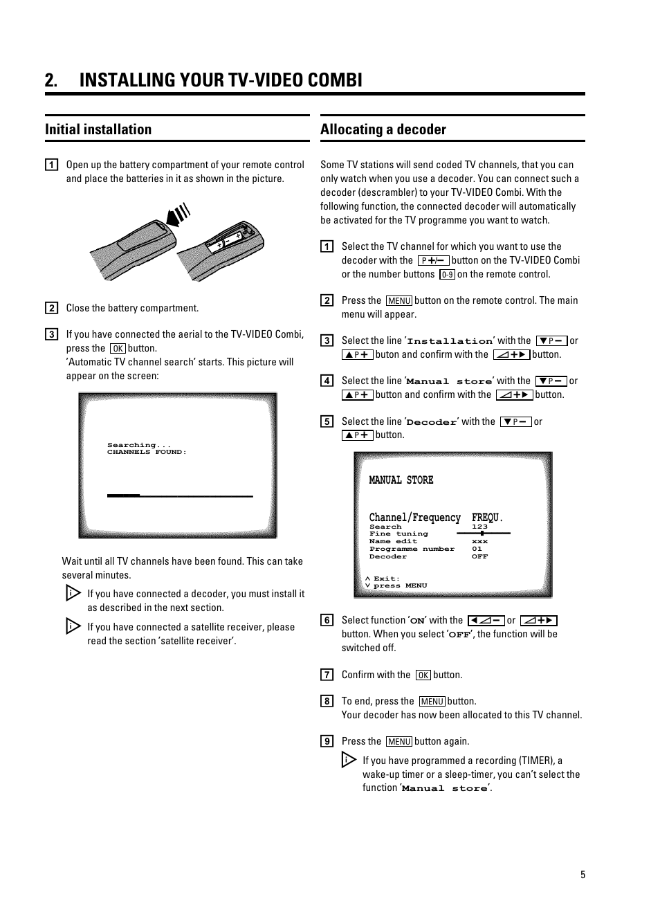 Installing your tv-video combi, Initial installation, Allocating a decoder | Philips TV-Video Combi 14PV211 User Manual | Page 7 / 24