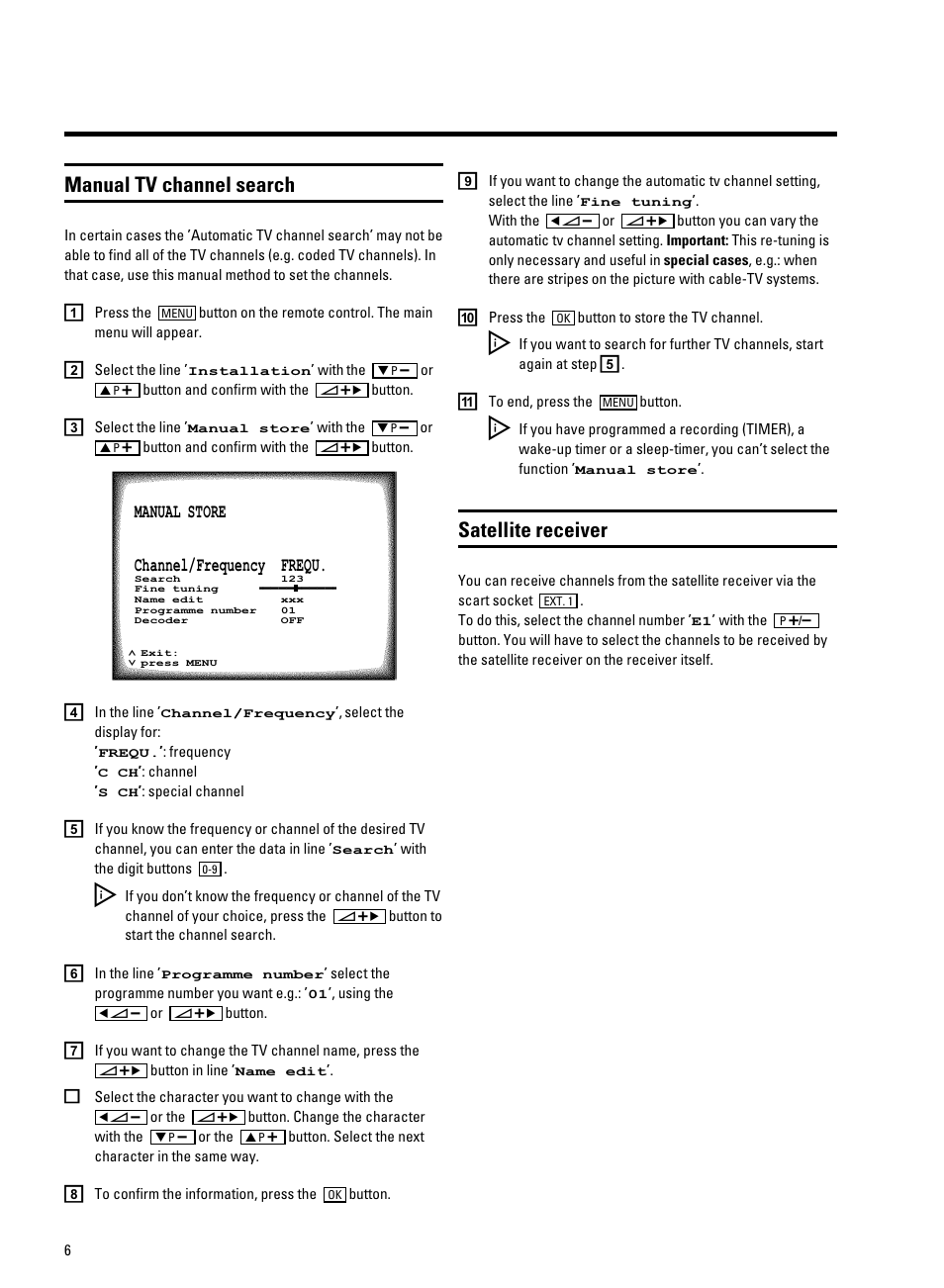 Manual tv channel search, Satellite receiver | Philips TV-Video Combi 14PV211 User Manual | Page 8 / 24