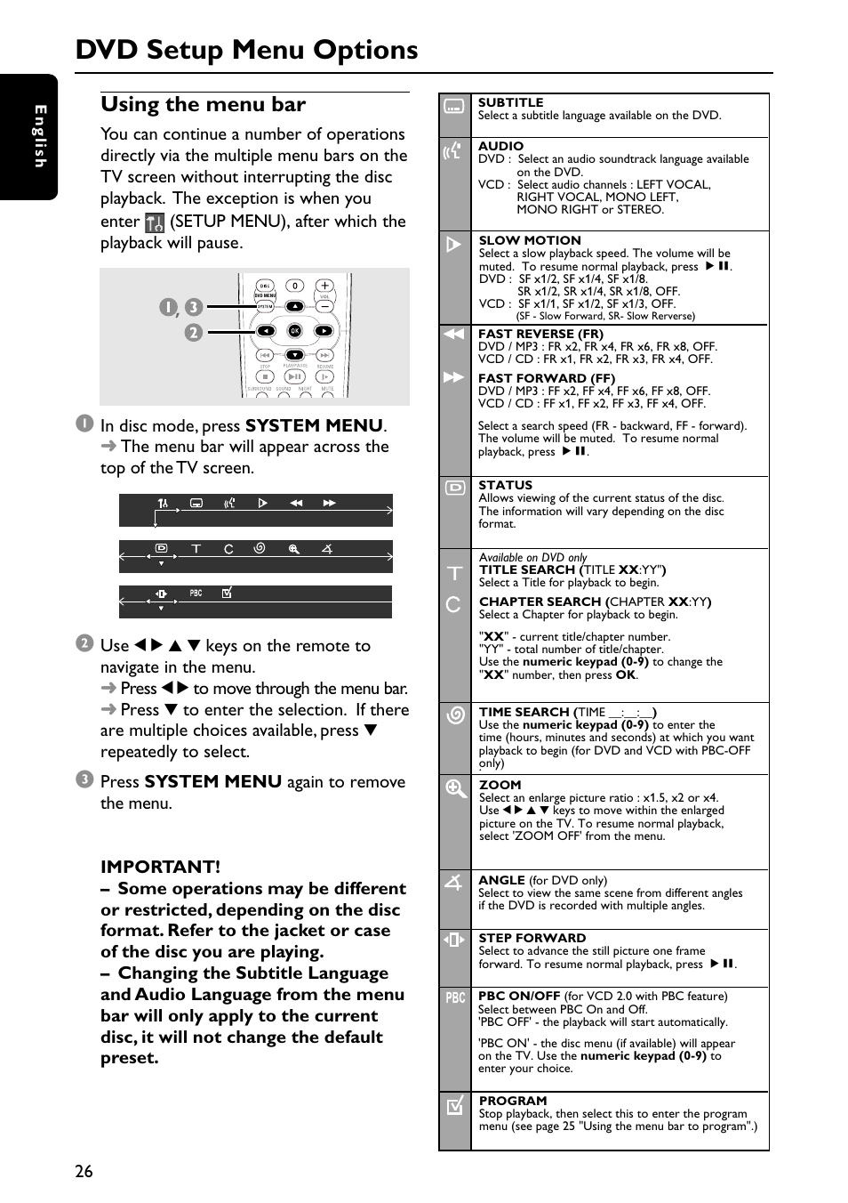 Dvd setup menu options, Using the menu bar | Philips MX6050D/17B User Manual | Page 29 / 42