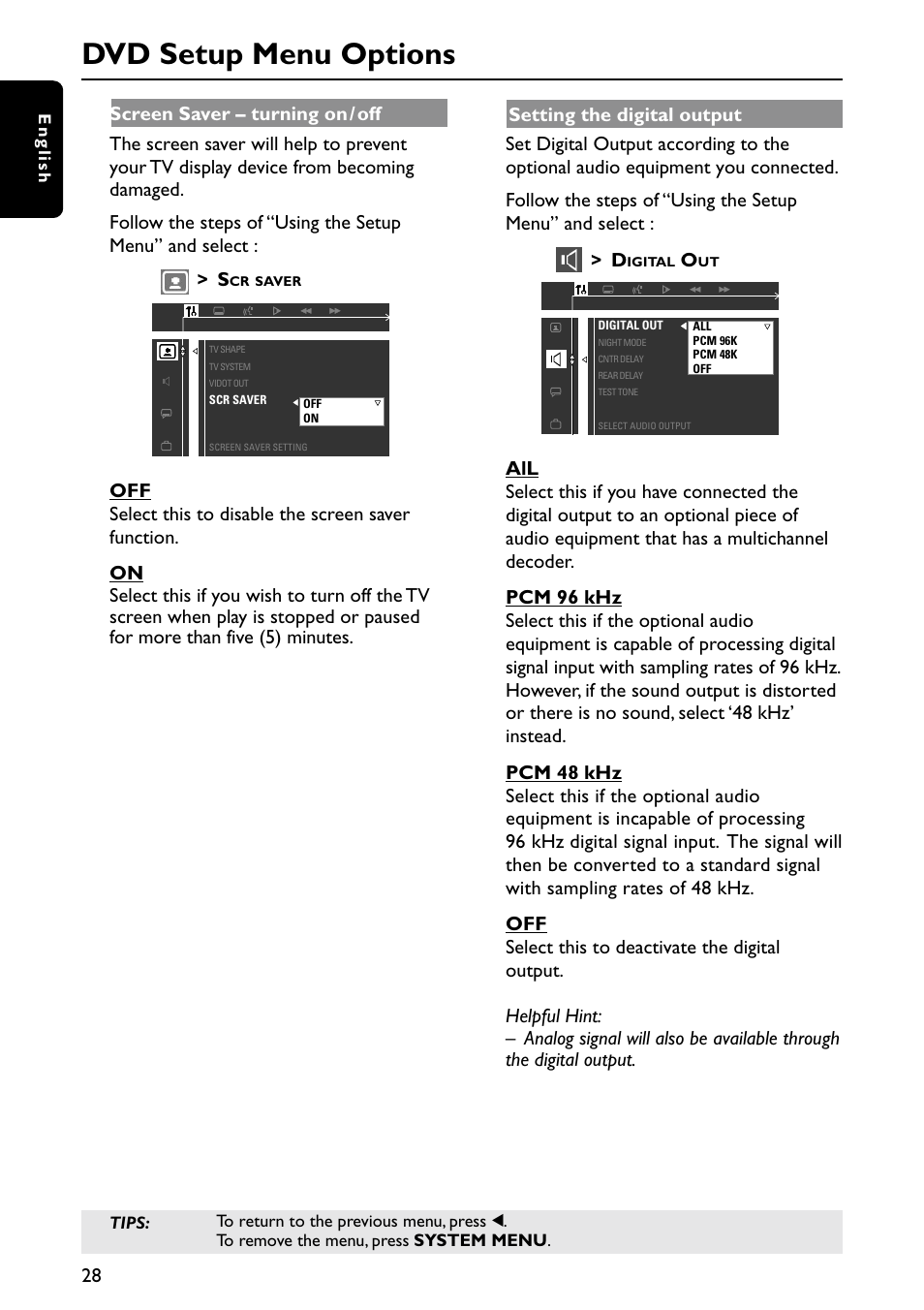 Dvd setup menu options | Philips MX6050D/17B User Manual | Page 31 / 42