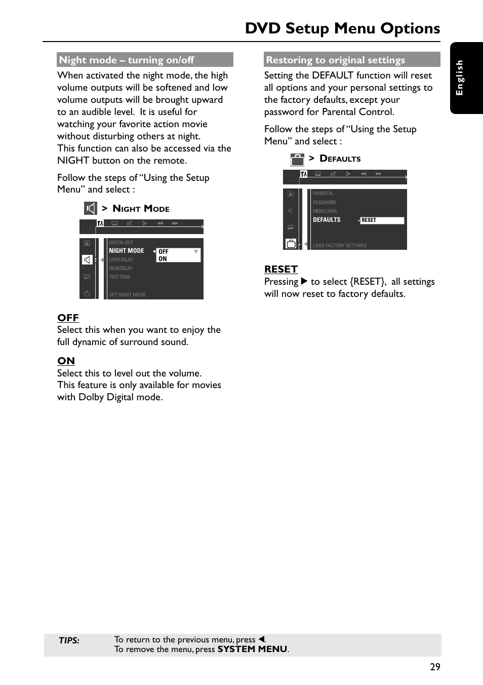 Dvd setup menu options | Philips MX6050D/17B User Manual | Page 32 / 42