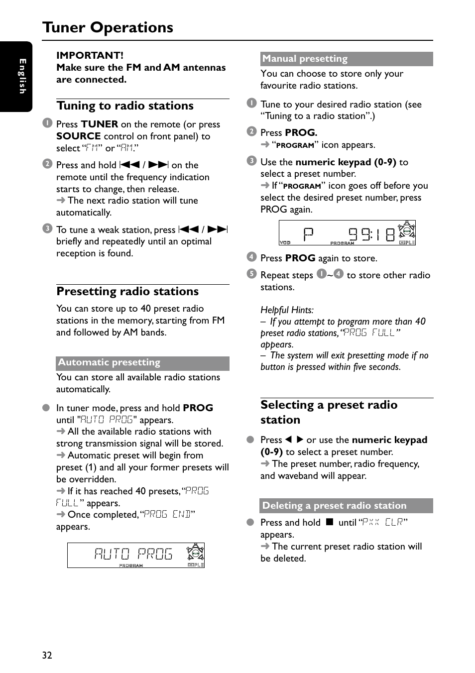 Tuner operations, Auto prog | Philips MX6050D/17B User Manual | Page 35 / 42