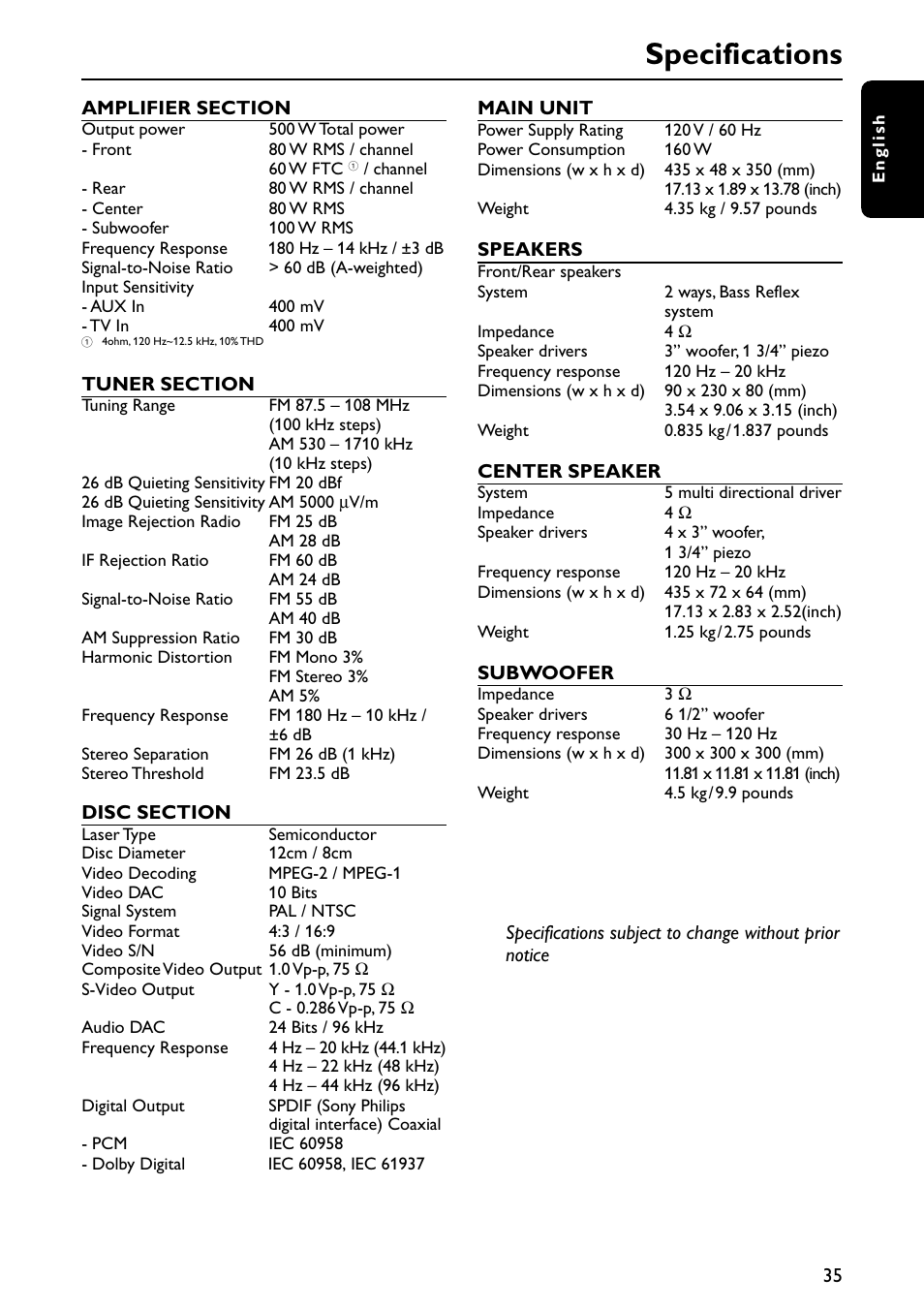 Specifications | Philips MX6050D/17B User Manual | Page 38 / 42