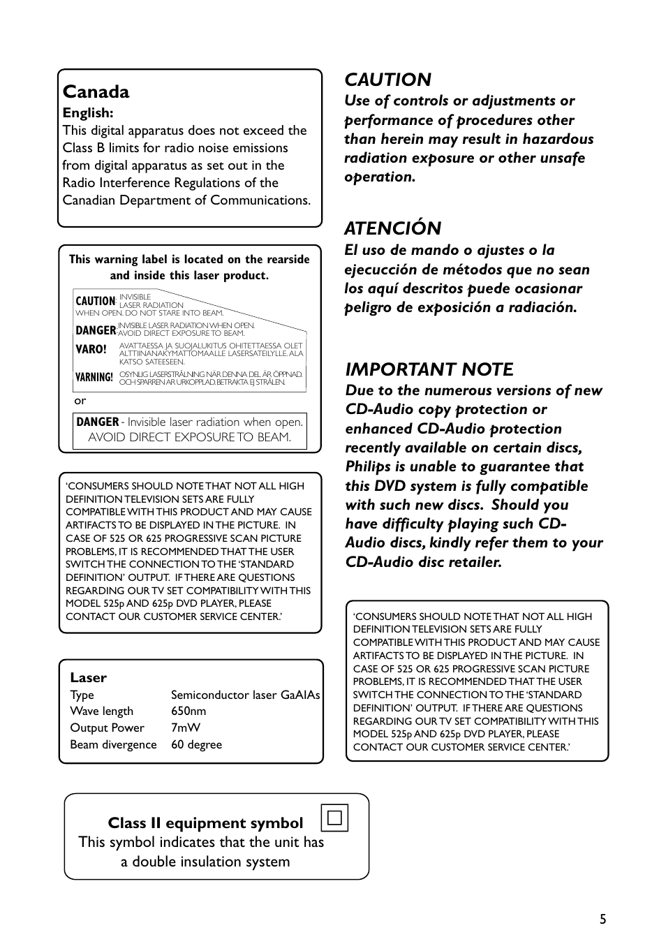 Caution, Atención, Canada | Philips MX6050D/17B User Manual | Page 5 / 42