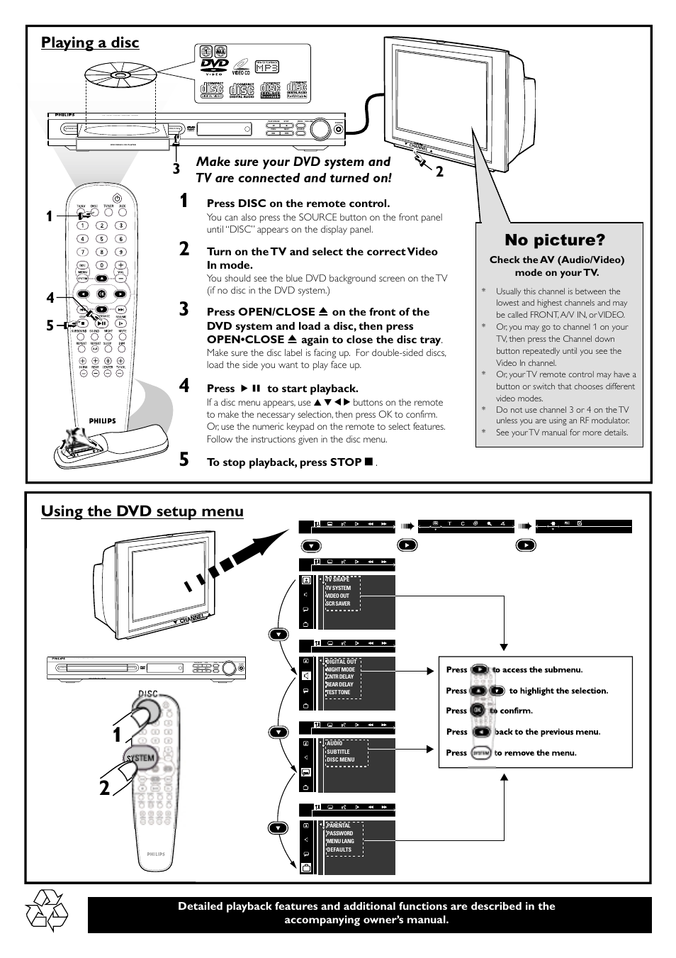 Playing a disc, Using the dvd setup menu, No picture | Press disc on the remote control, Press | Philips MX6050D/17B User Manual | Page 8 / 42