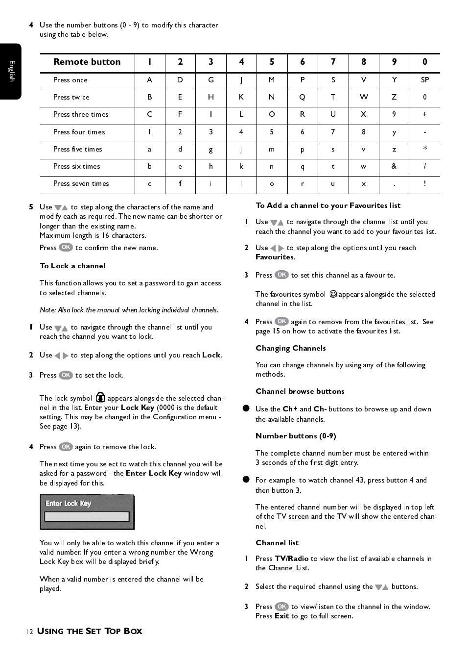 Lock, Lock key, Enter lock key | Favourites, Changing channels, Channel browse buttons, Number buttons (0-9), Channel list 1, Tv/radio, Exit | Philips DTR 100 User Manual | Page 12 / 20