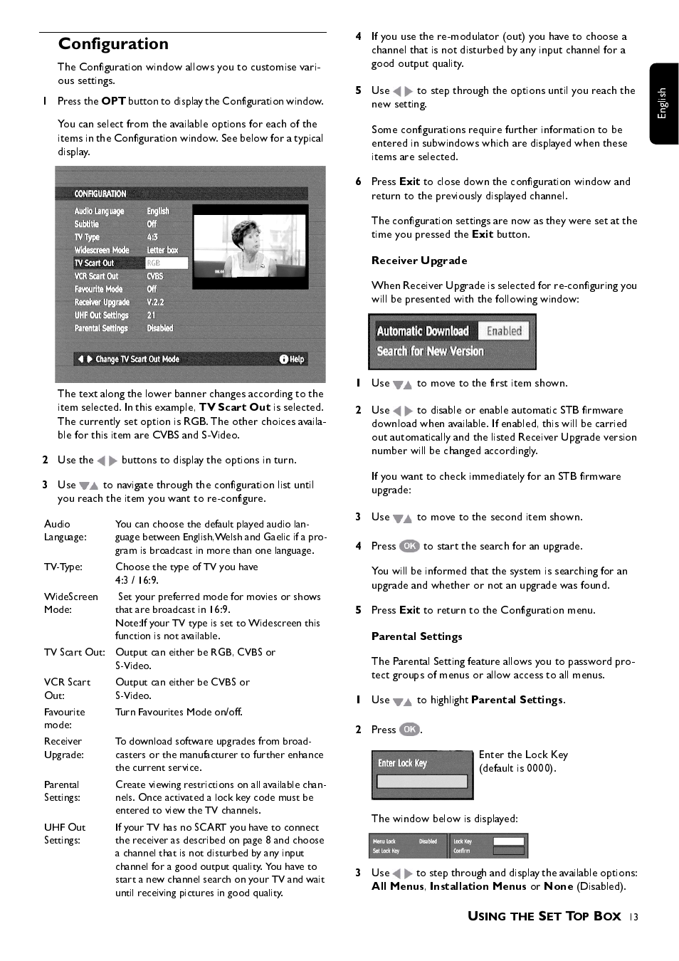 Tv scart out, Exit, Receiver upgrade | Parental settings, All menus, Installation menus, None, Configuration | Philips DTR 100 User Manual | Page 13 / 20
