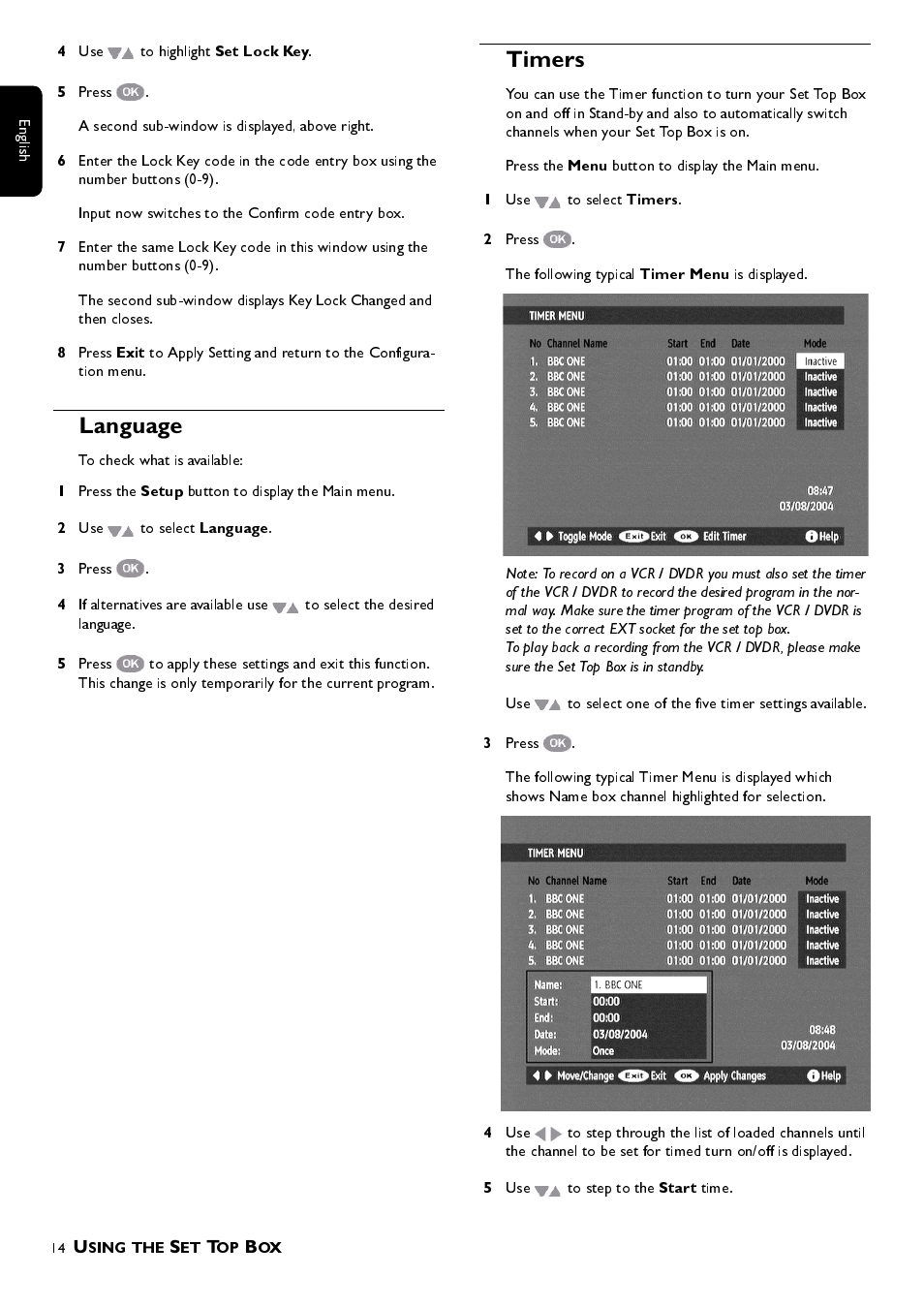 Set lock key, Exit, Setup | Language, Menu, Timers, Timer menu, Start | Philips DTR 100 User Manual | Page 14 / 20