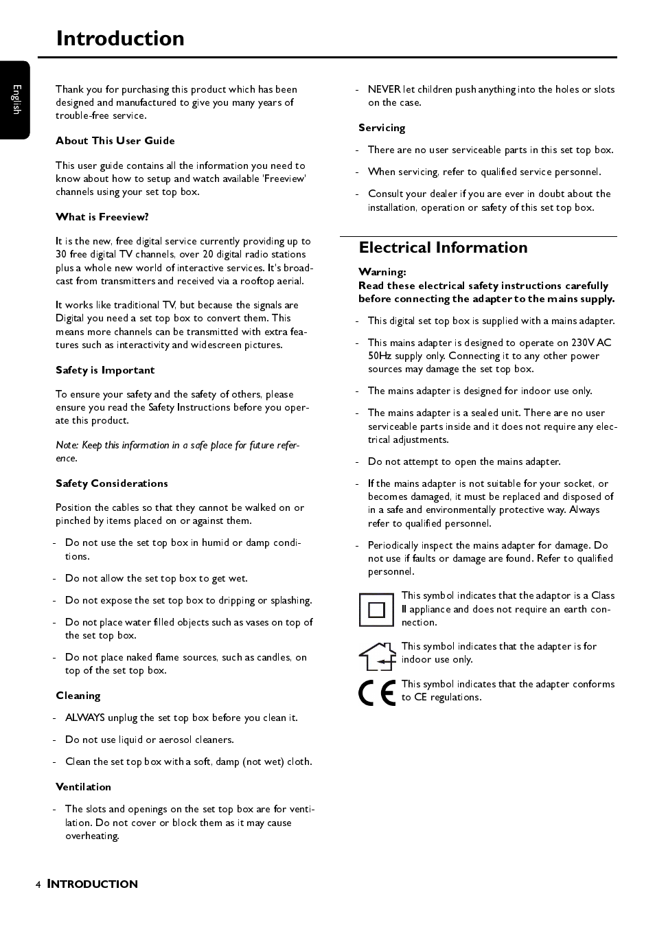 Introduction, About this user guide, What is freeview | Safety is important, Safety considerations, Cleaning, Ventilation, Servicing, Electrical information | Philips DTR 100 User Manual | Page 4 / 20