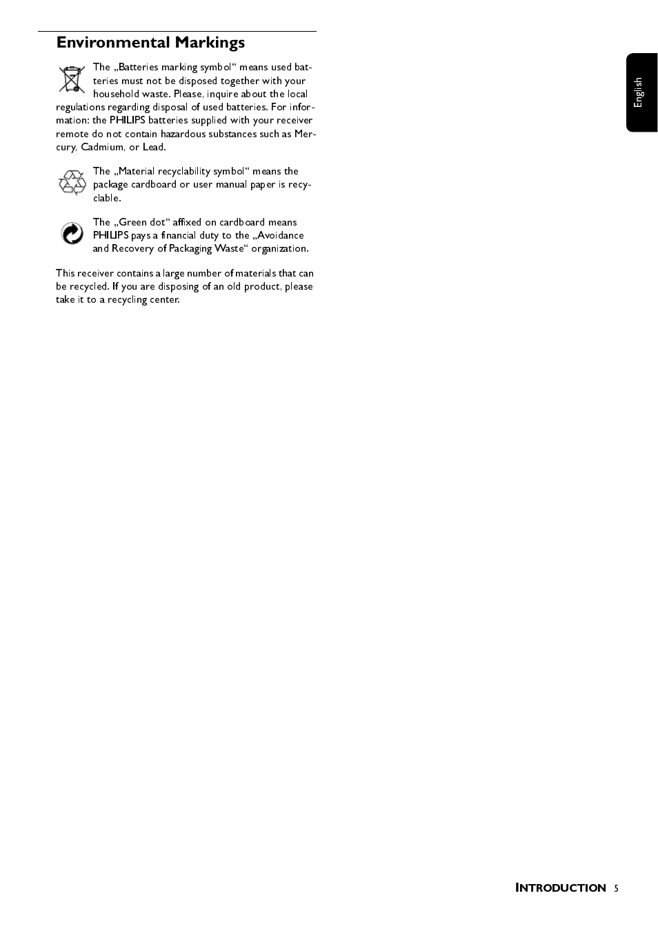 Environmental markings | Philips DTR 100 User Manual | Page 5 / 20