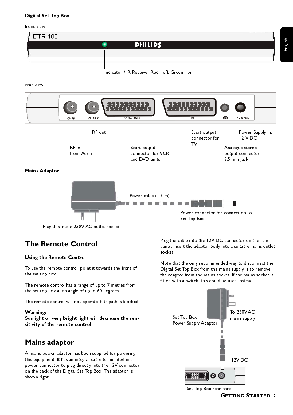 Digital set top box, Mains adaptor, Using the remote control | The remote control | Philips DTR 100 User Manual | Page 7 / 20