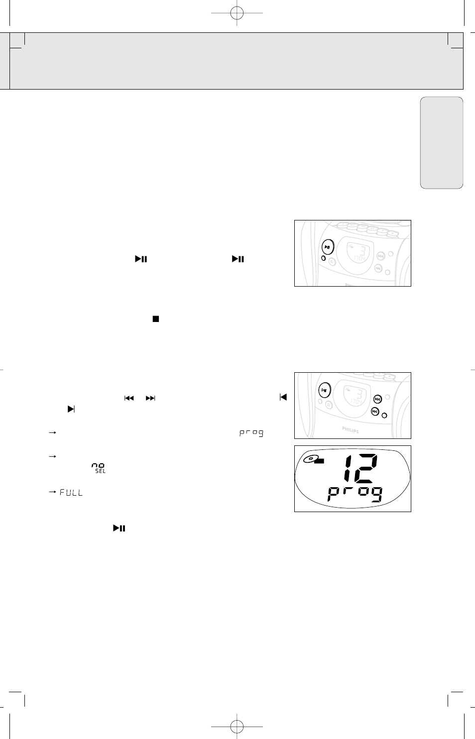 Cd player, English, Different play modes: shuffle and repeat | Programming track numbers, Reviewing the program | Philips AZ 1145 User Manual | Page 13 / 44