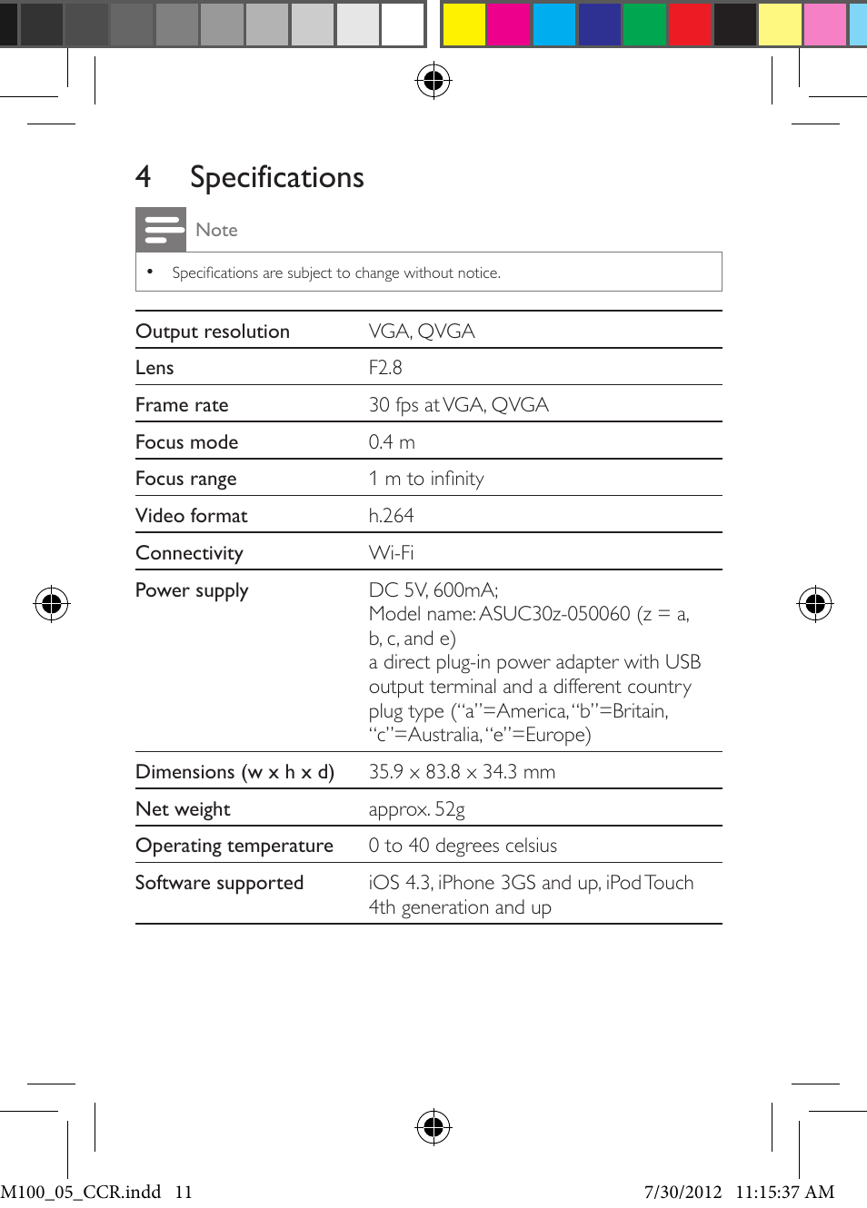 4 specifications | Philips M100 User Manual | Page 11 / 16