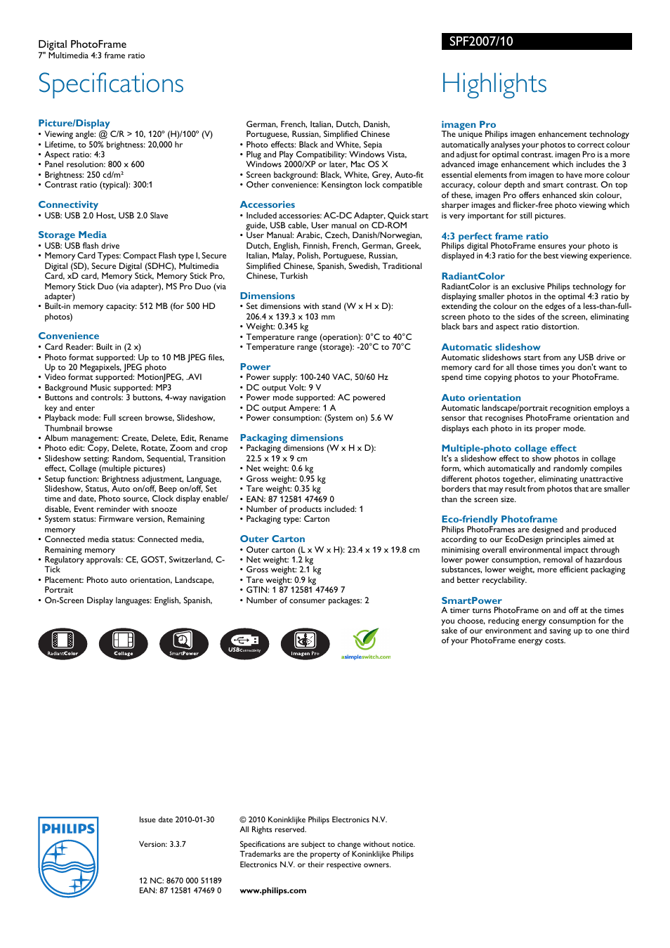 Specifications, Highlights | Philips PhotoFrame SPF2007/10 User Manual | Page 2 / 2