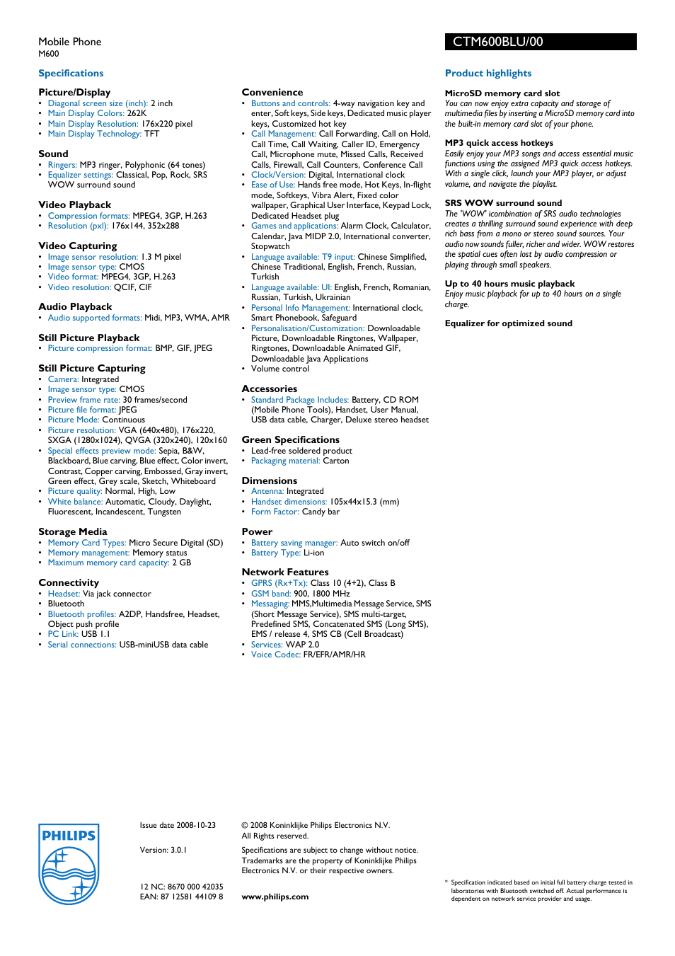 Philips CTM600BLU User Manual | Page 2 / 2