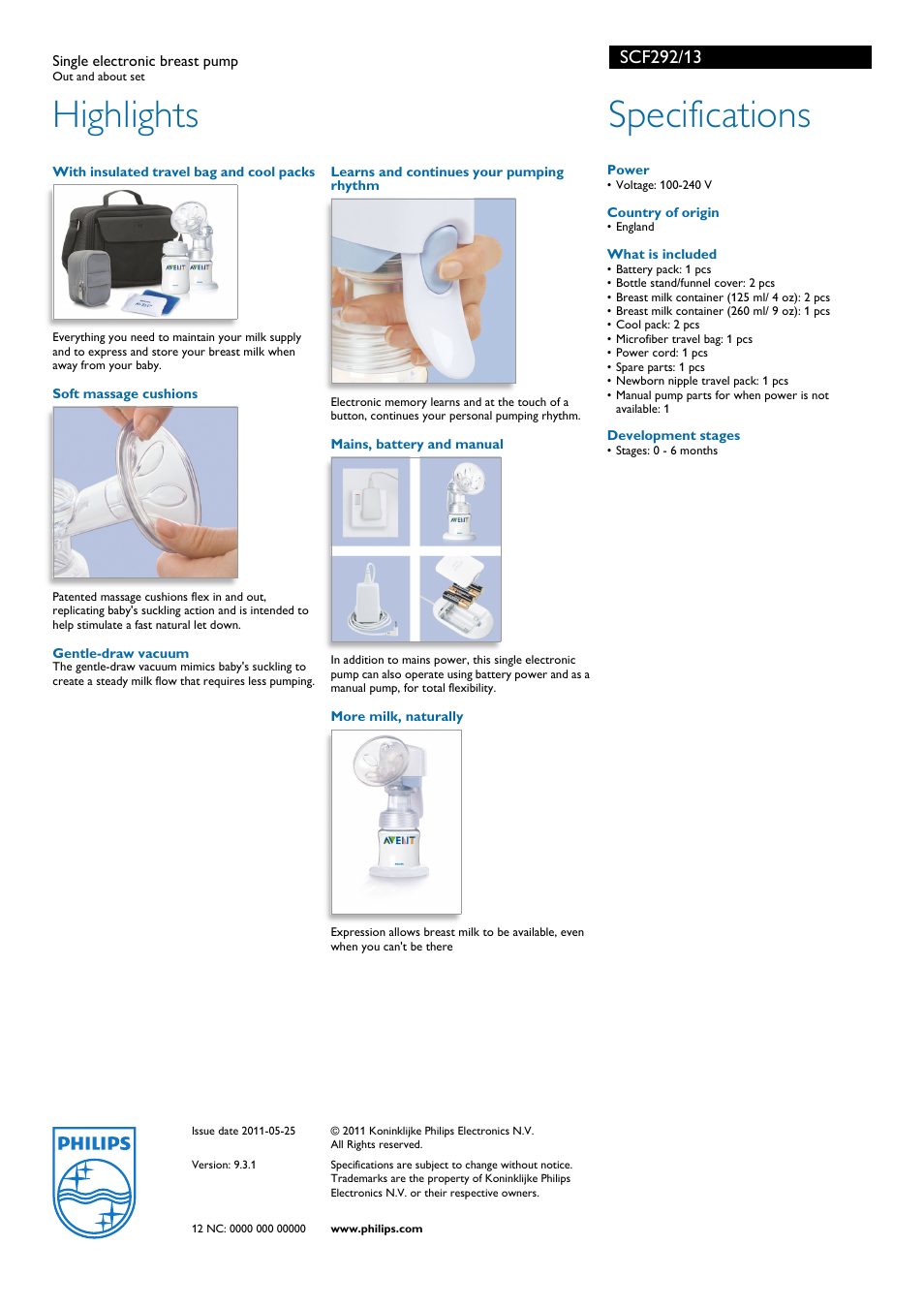 Highlights, Specifications | Philips SCF292/13 User Manual | Page 2 / 2