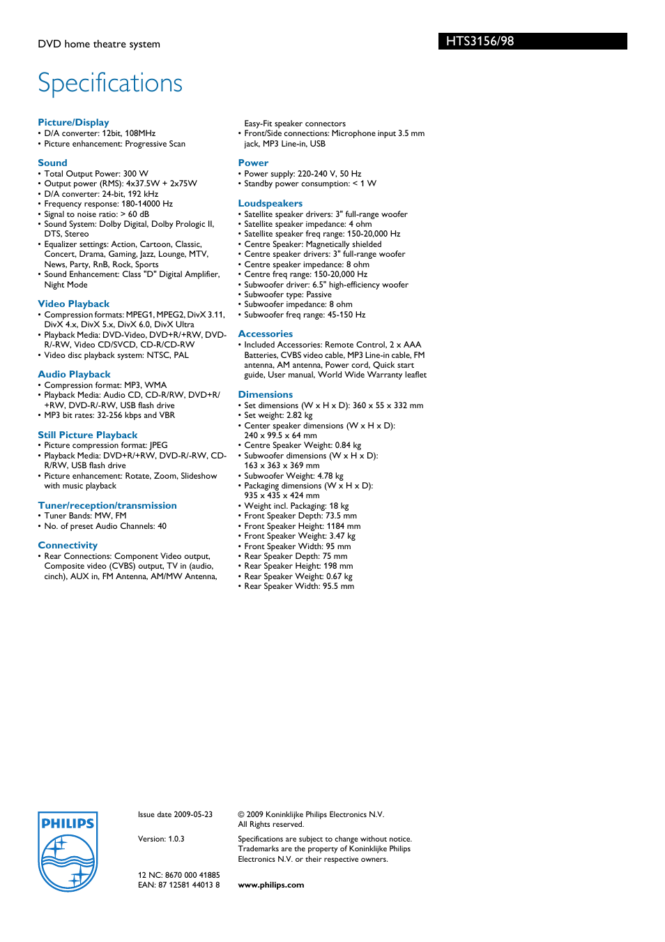 Specifications | Philips HTS3156/98 User Manual | Page 3 / 3