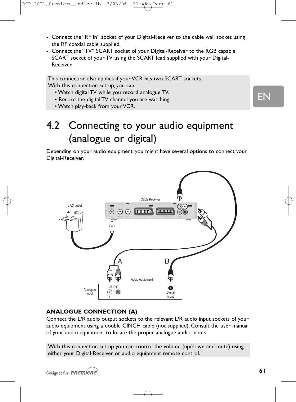 2 connecting to your audi, 2 connecting to your audio equipment, Analogue or digital) | Philips PREMIERE DCR 2021 User Manual | Page 14 / 44