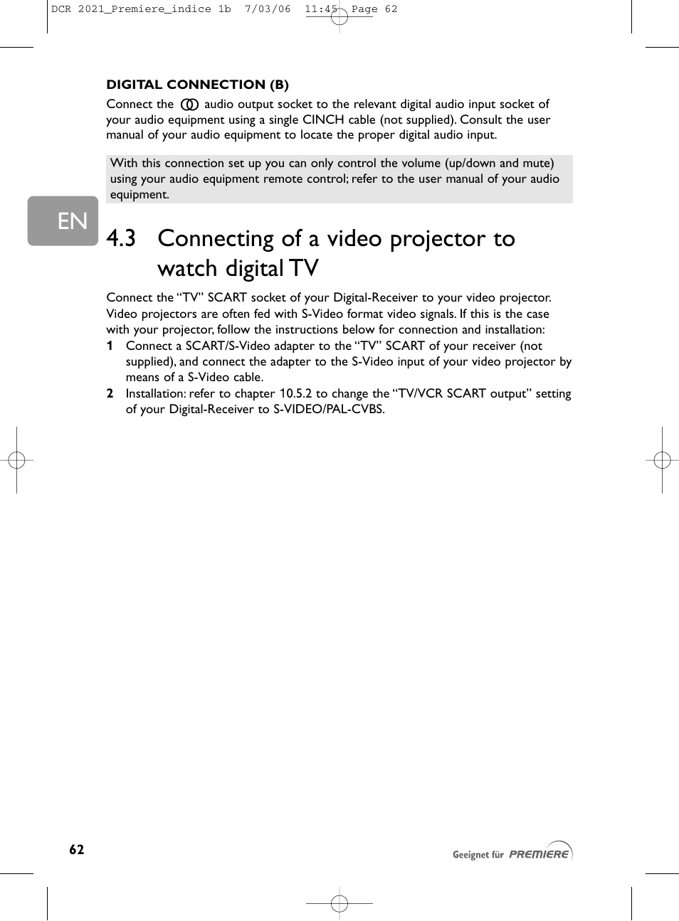 3 connecting of a video p, 3 connecting of a video projector, To watch digital tv | Philips PREMIERE DCR 2021 User Manual | Page 15 / 44