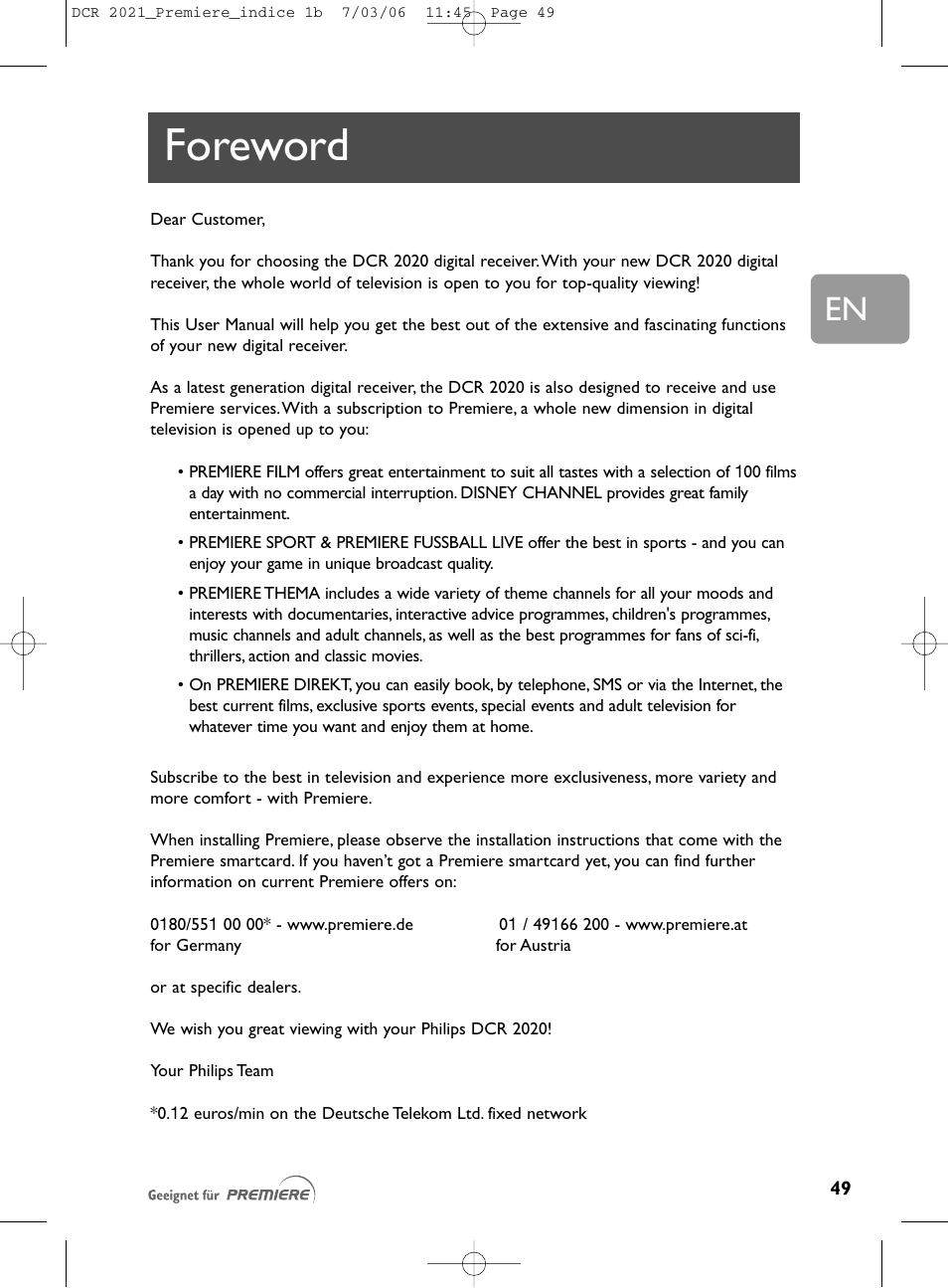 Foreword | Philips PREMIERE DCR 2021 User Manual | Page 2 / 44