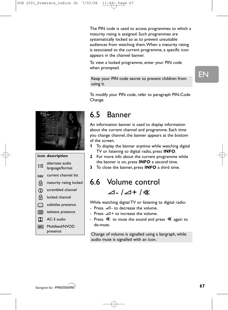 5 banner, 6 volume control, 6 volume control | Philips PREMIERE DCR 2021 User Manual | Page 20 / 44