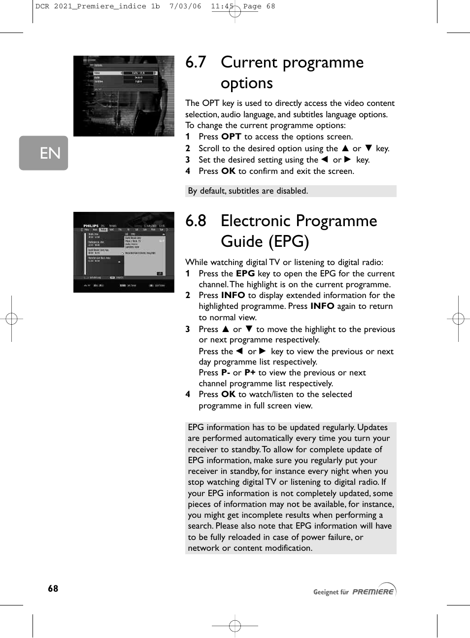 7 current programme options, 8 electronic programme gu, 7 current programme options | 8 electronic programme guide (epg) | Philips PREMIERE DCR 2021 User Manual | Page 21 / 44