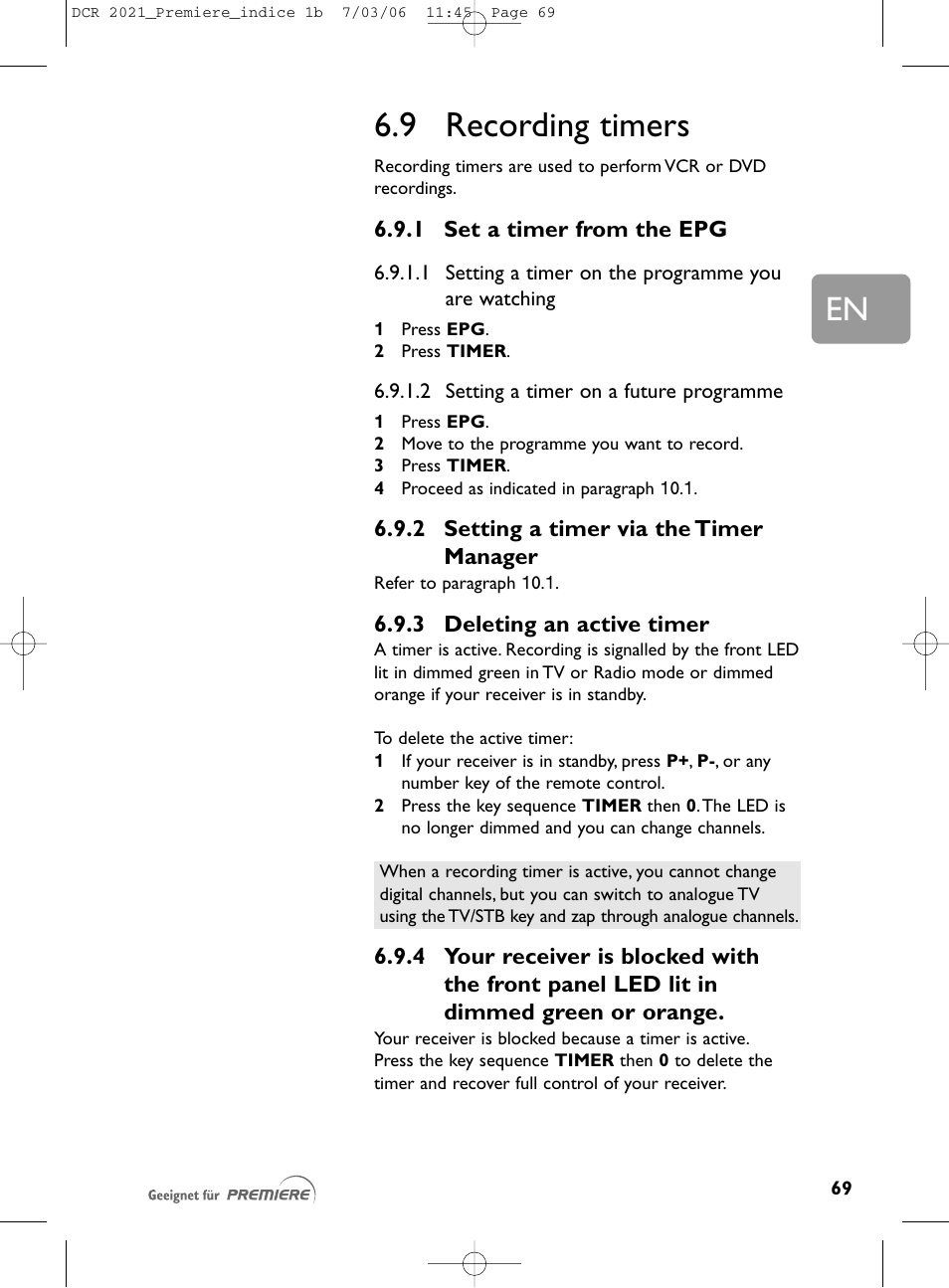 9 recording timers | Philips PREMIERE DCR 2021 User Manual | Page 22 / 44