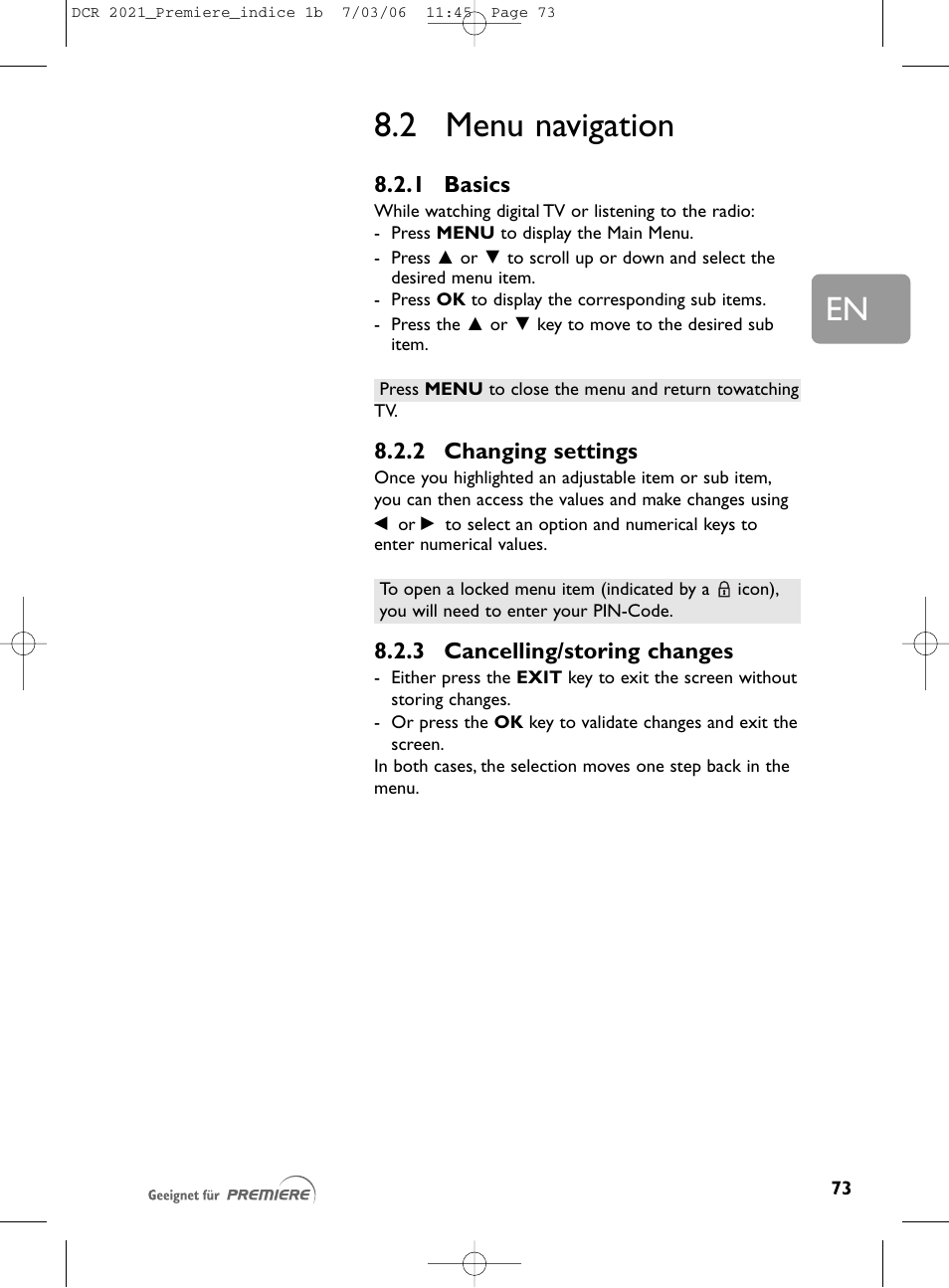 2 menu navigation | Philips PREMIERE DCR 2021 User Manual | Page 26 / 44