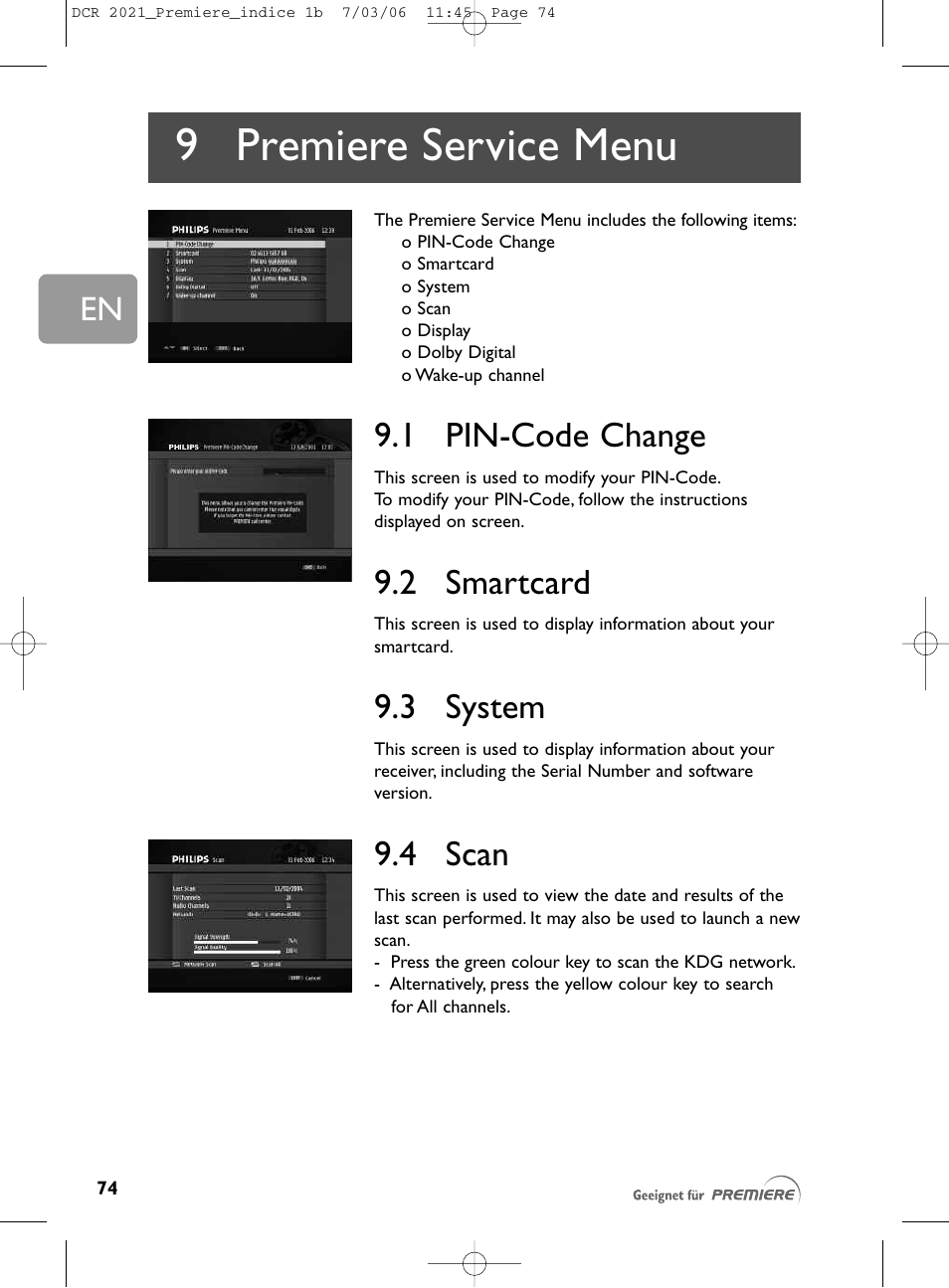9 premiere service menu, 1 pin-code change, 2 smartcard | 3 system, 4 scan, Premiere service menu | Philips PREMIERE DCR 2021 User Manual | Page 27 / 44
