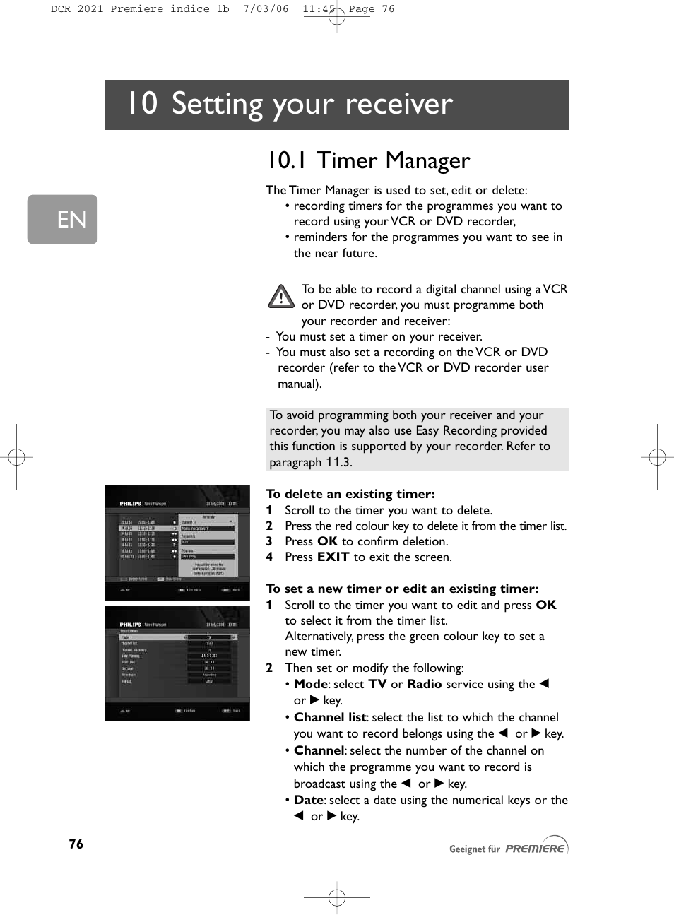 10 setting your receiver, 1 timer manager | Philips PREMIERE DCR 2021 User Manual | Page 29 / 44