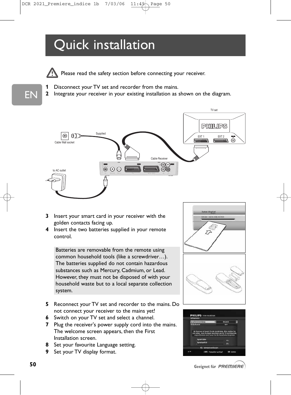 Quick installation | Philips PREMIERE DCR 2021 User Manual | Page 3 / 44