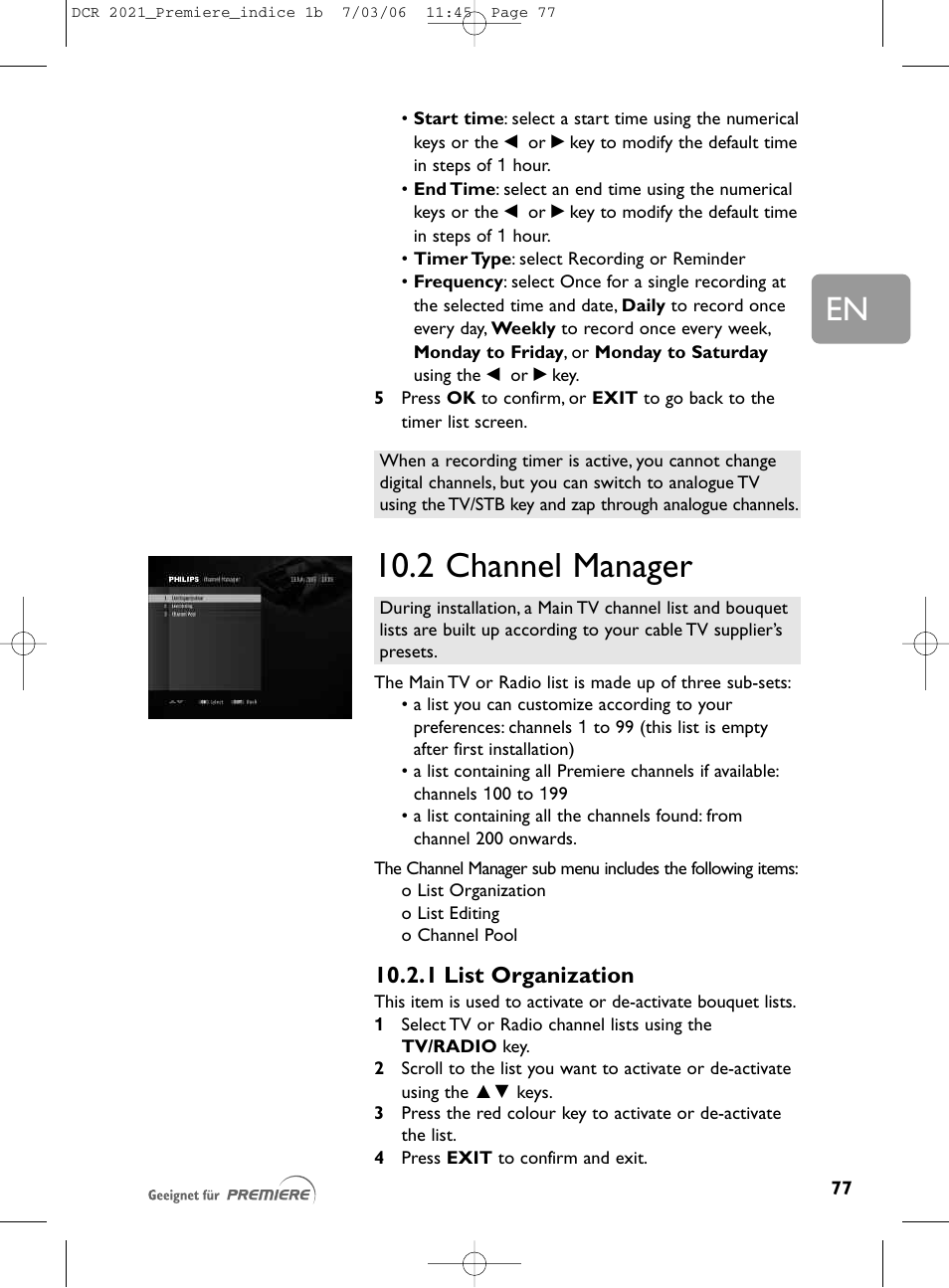 2 channel manager, 1 list organization | Philips PREMIERE DCR 2021 User Manual | Page 30 / 44