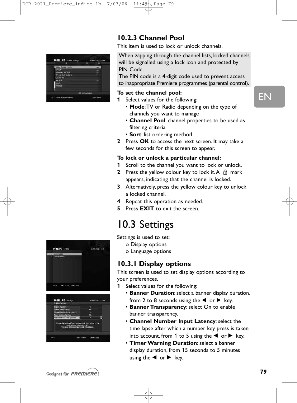 3 settings, 3 channel pool, 1 display options | Philips PREMIERE DCR 2021 User Manual | Page 32 / 44