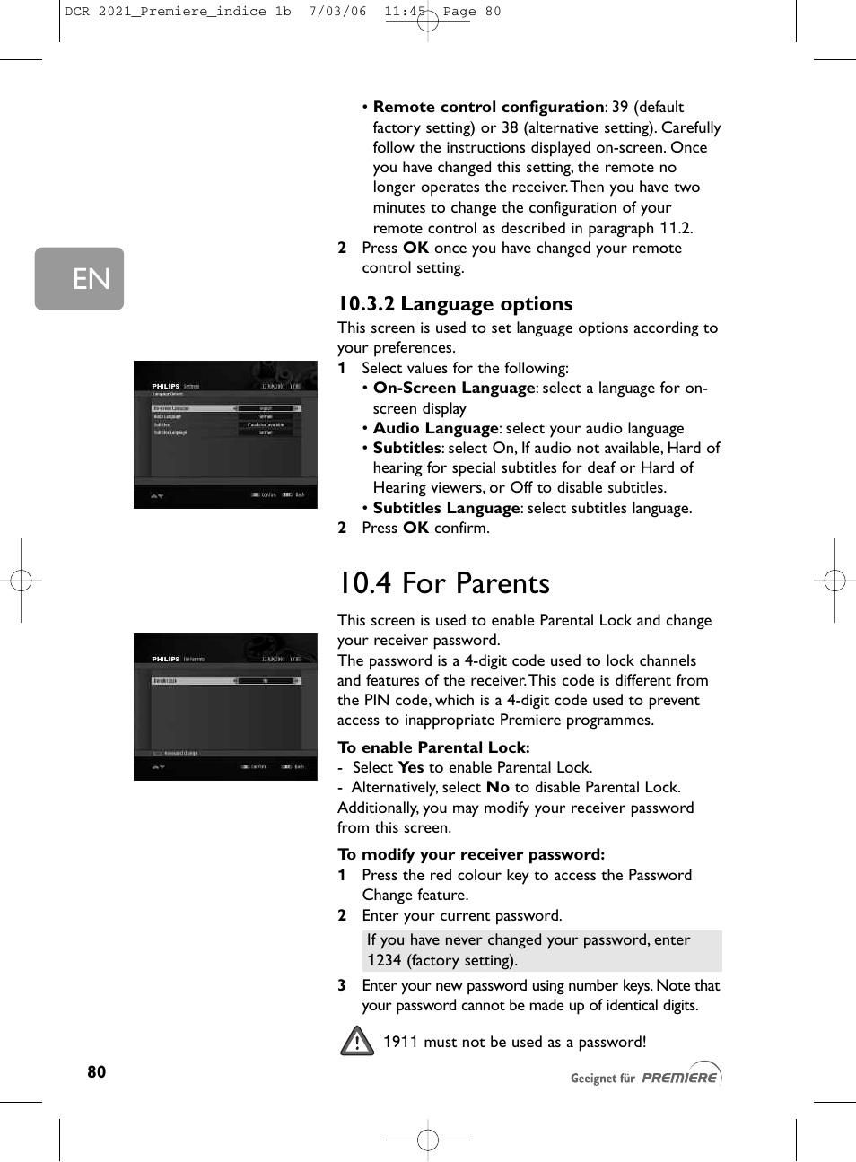 4 for parents, 2 language options | Philips PREMIERE DCR 2021 User Manual | Page 33 / 44