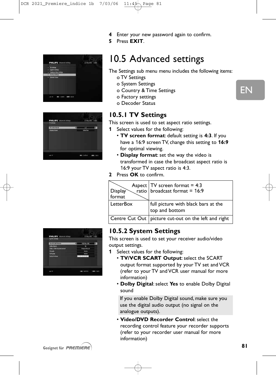 5 advanced settings, 1 tv settings, 2 system settings | Philips PREMIERE DCR 2021 User Manual | Page 34 / 44