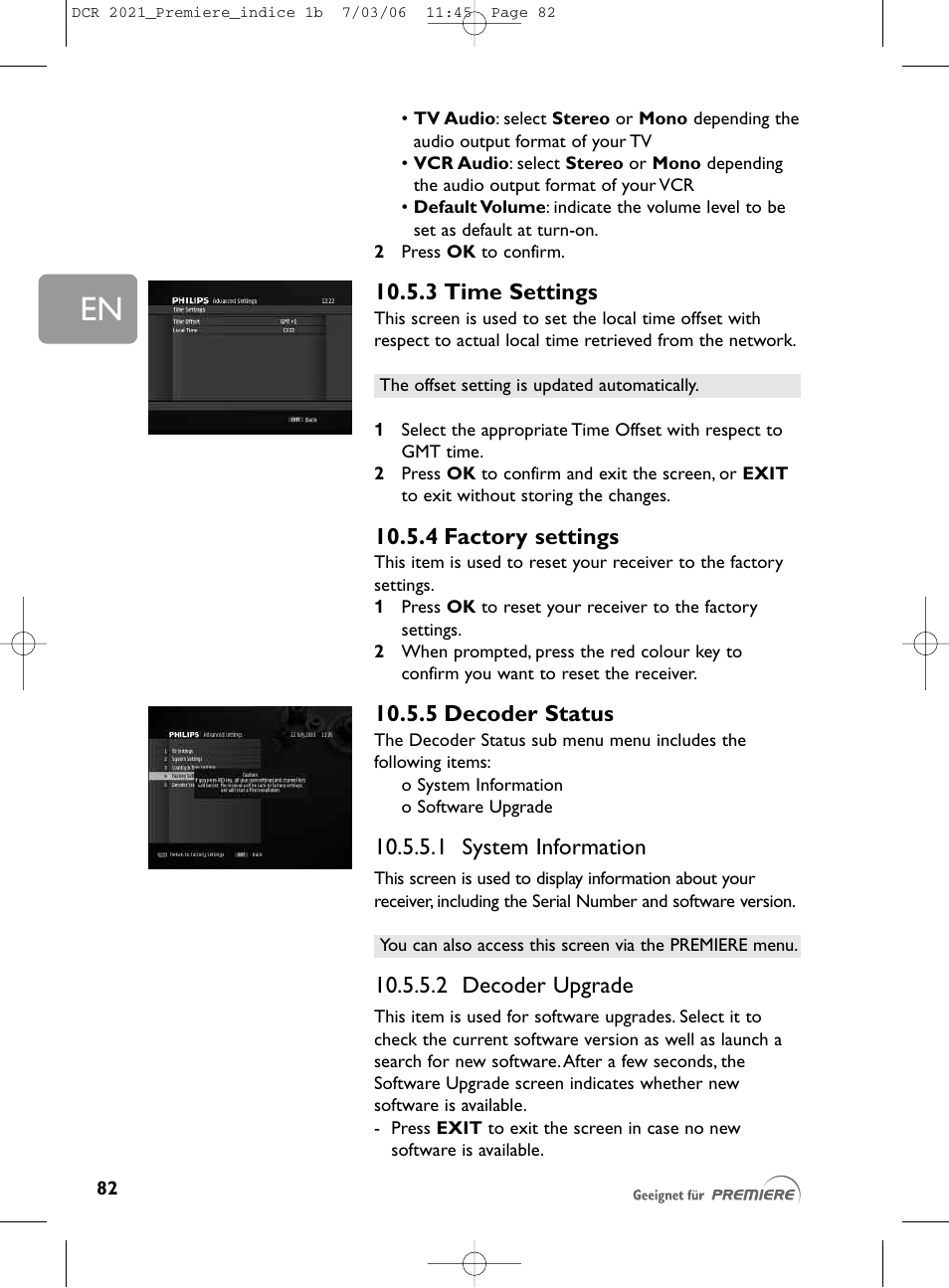 3 time settings, 4 factory settings, 5 decoder status | 1 system information, 2 decoder upgrade | Philips PREMIERE DCR 2021 User Manual | Page 35 / 44