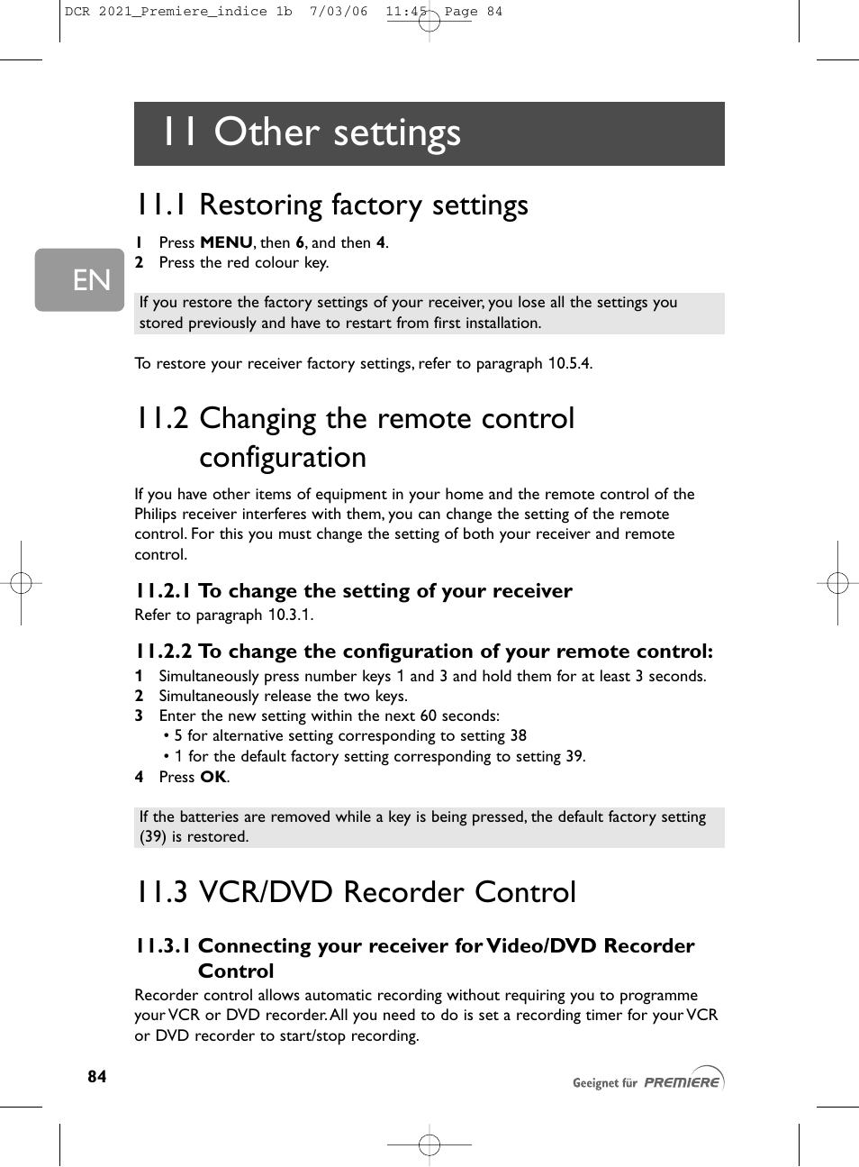 11 other settings, 1 restoring factory settings, 2 changing the remote co | 3 vcr/dvd recorder control, 2 changing the remote control configuration | Philips PREMIERE DCR 2021 User Manual | Page 37 / 44
