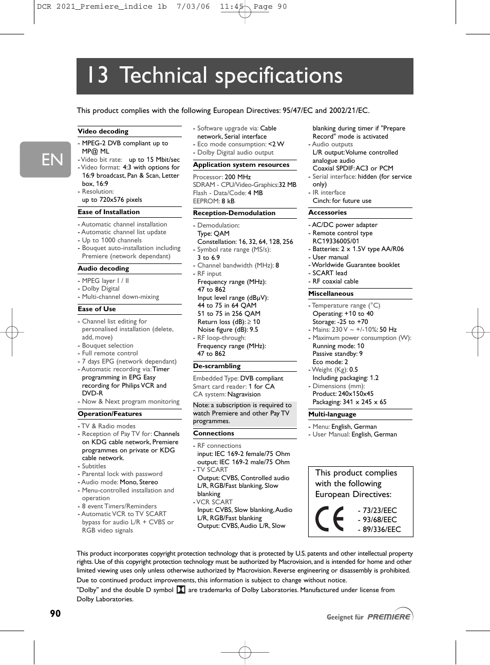13 technical specifications | Philips PREMIERE DCR 2021 User Manual | Page 43 / 44