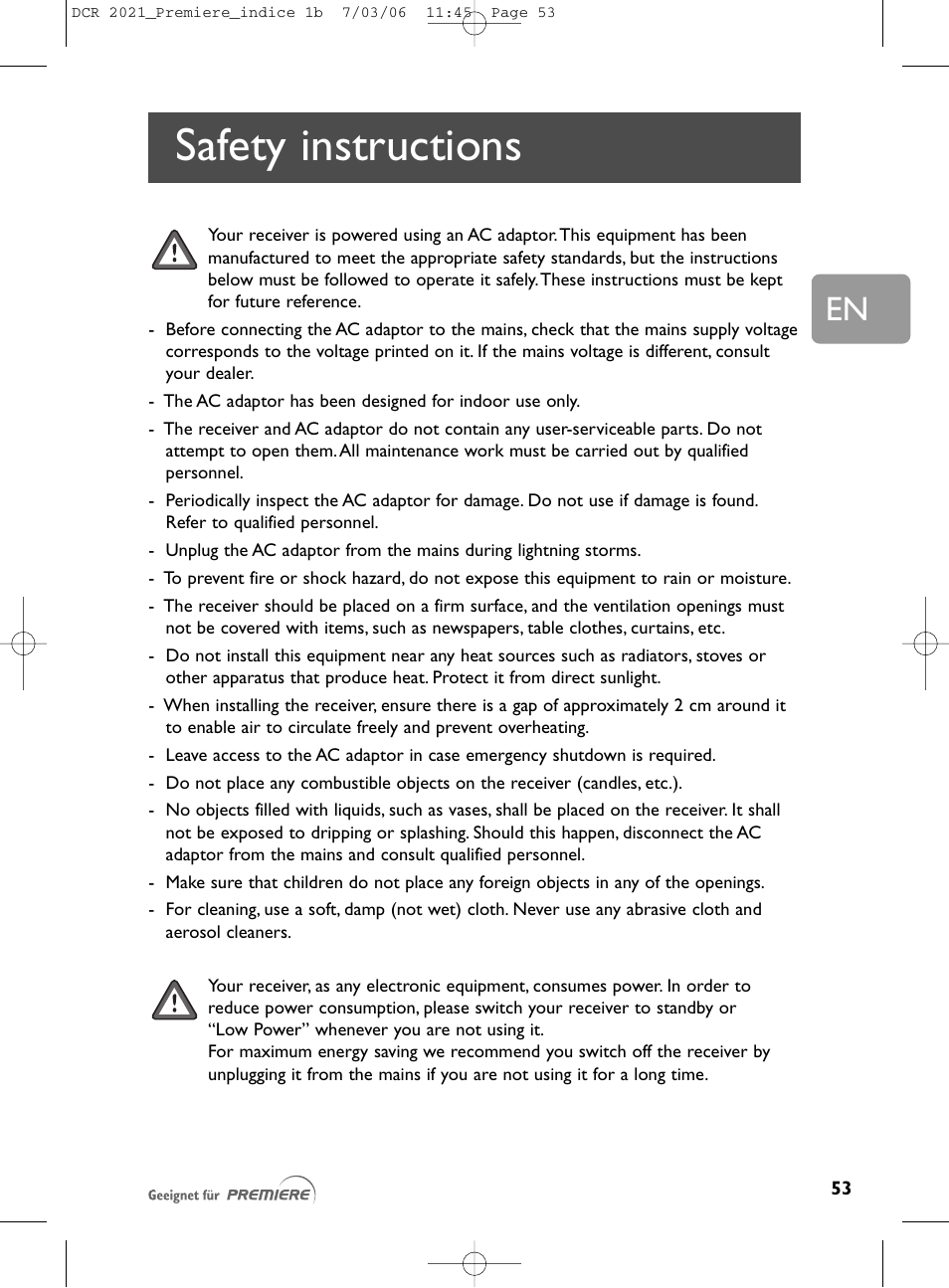 Safety instructions | Philips PREMIERE DCR 2021 User Manual | Page 6 / 44