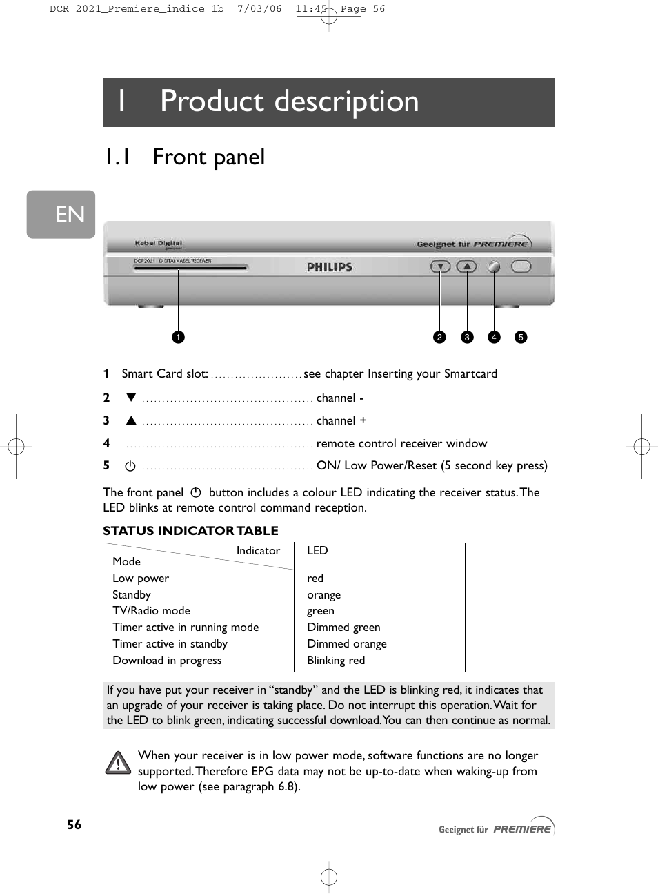 1 product description, 1 front panel, Product description | Philips PREMIERE DCR 2021 User Manual | Page 9 / 44