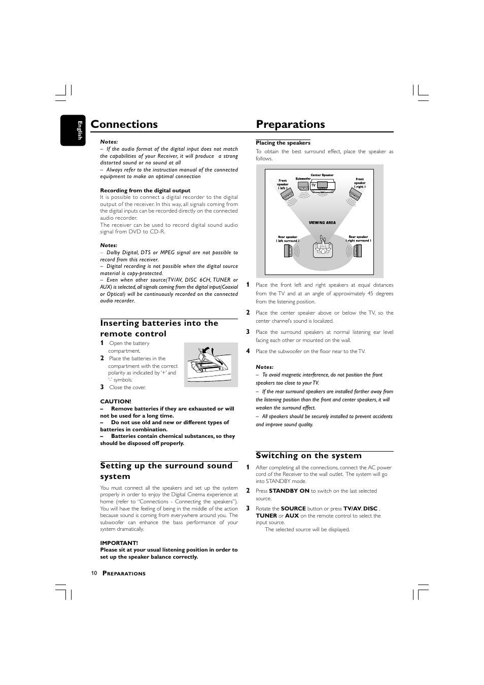 Connections preparations, Inserting batteries into the remote control, Setting up the surround sound system | Switching on the system | Philips LX700 User Manual | Page 10 / 16