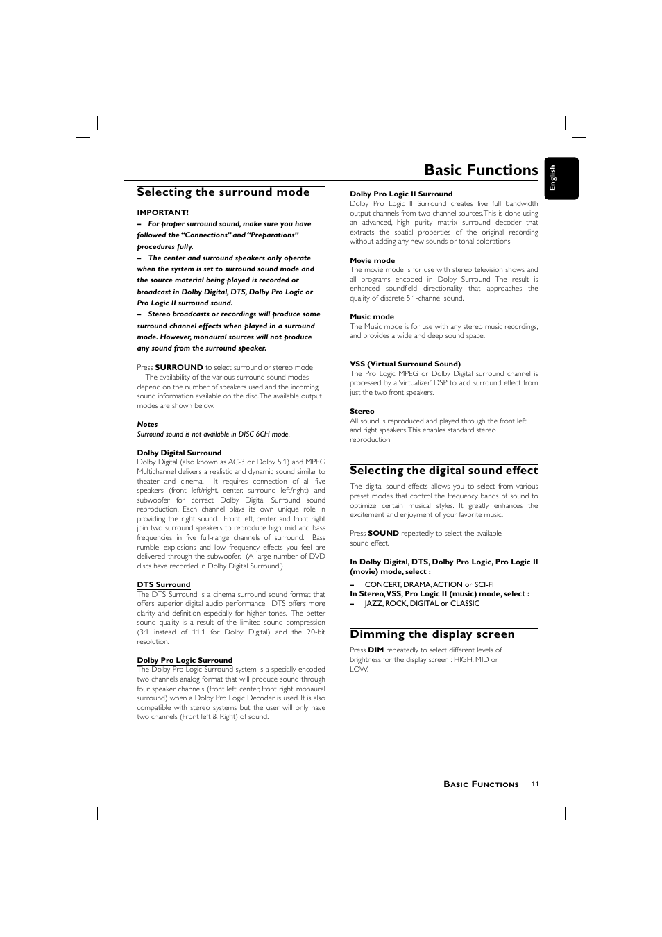 Basic functions, Selecting the surround mode, Selecting the digital sound effect | Dimming the display screen | Philips LX700 User Manual | Page 11 / 16