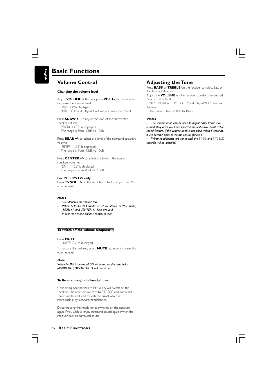 Basic functions, Volume control, Adjusting the tone | Philips LX700 User Manual | Page 12 / 16