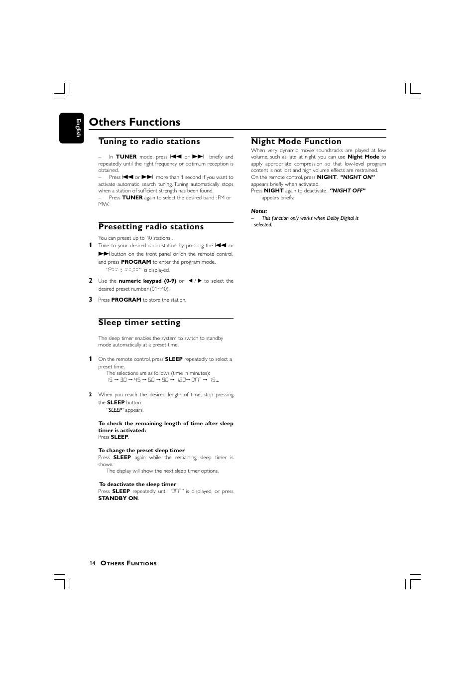 Others functions, Tuning to radio stations, Presetting radio stations | Sleep timer setting, Night mode function | Philips LX700 User Manual | Page 14 / 16