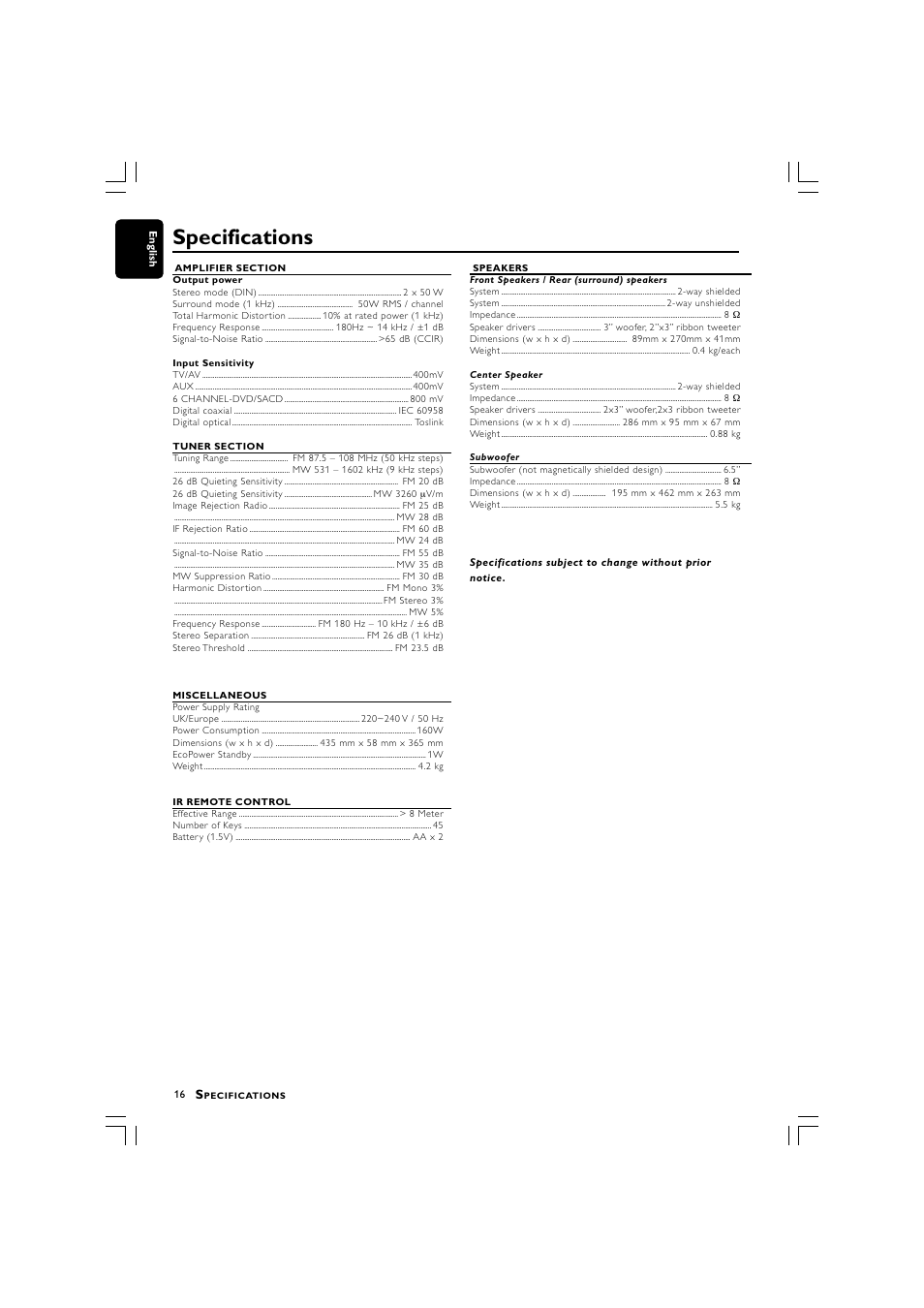 Specifications | Philips LX700 User Manual | Page 16 / 16