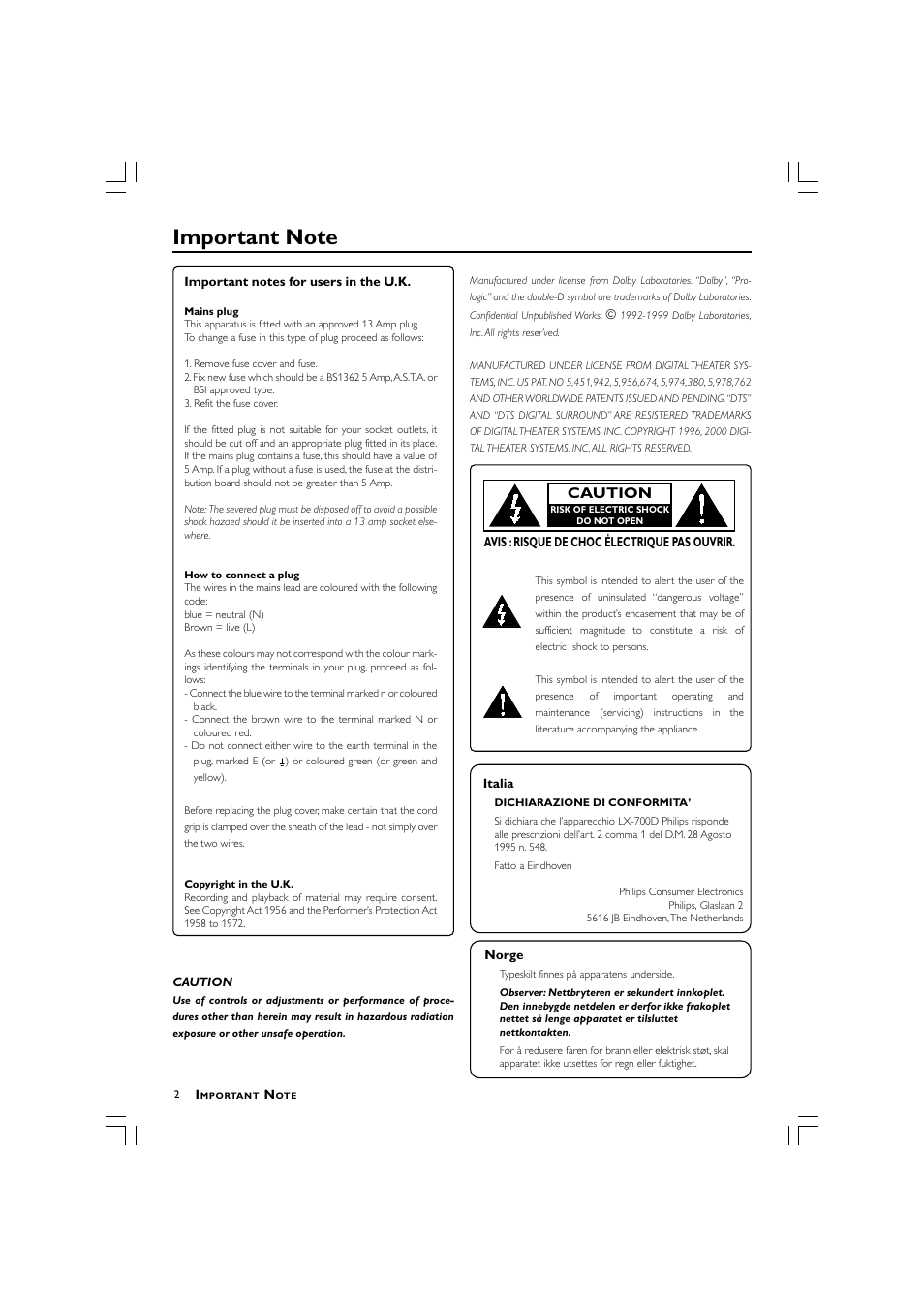 Caution | Philips LX700 User Manual | Page 2 / 16