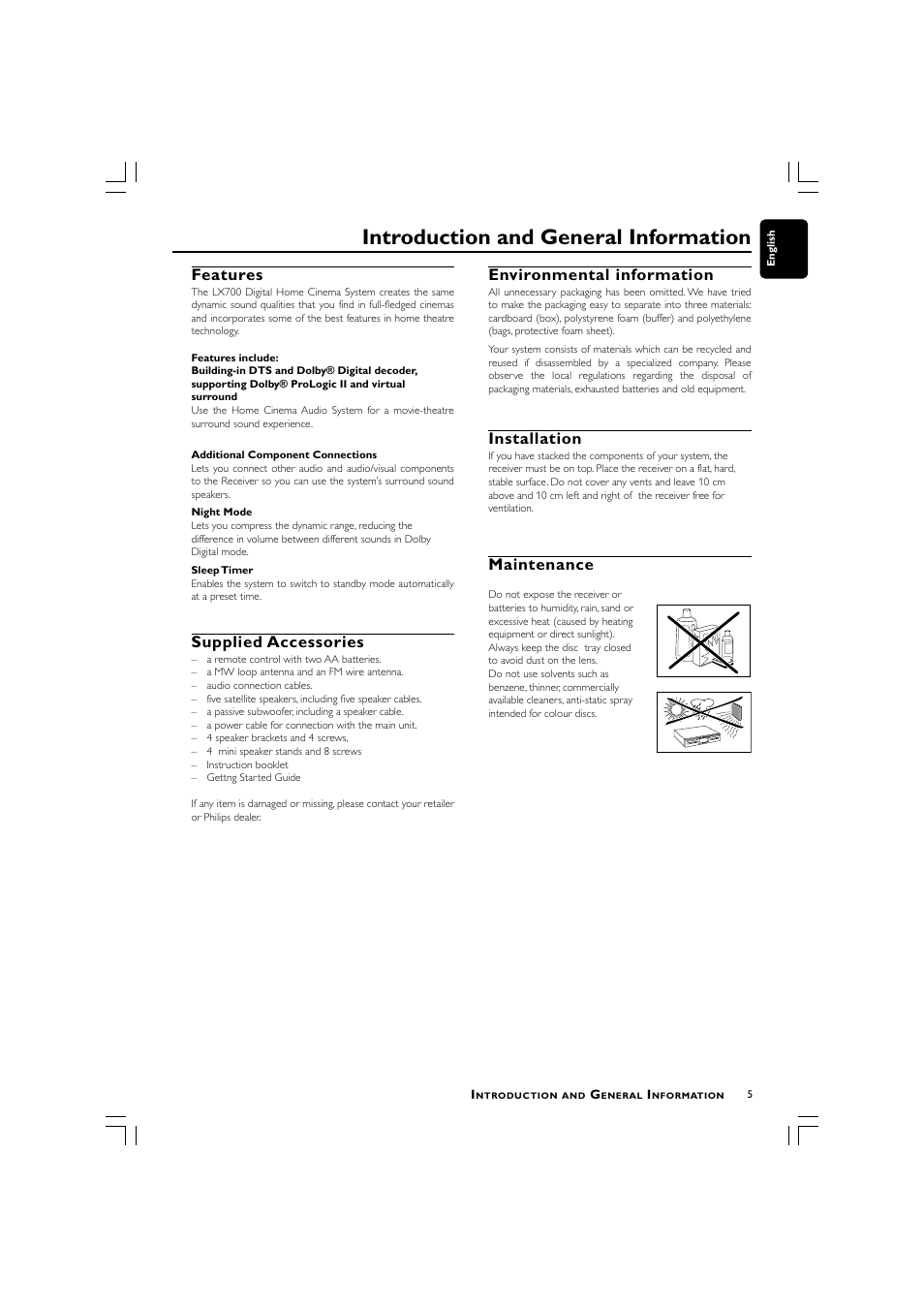 Introduction and general information, Features, Supplied accessories | Environmental information, Installation, Maintenance | Philips LX700 User Manual | Page 5 / 16