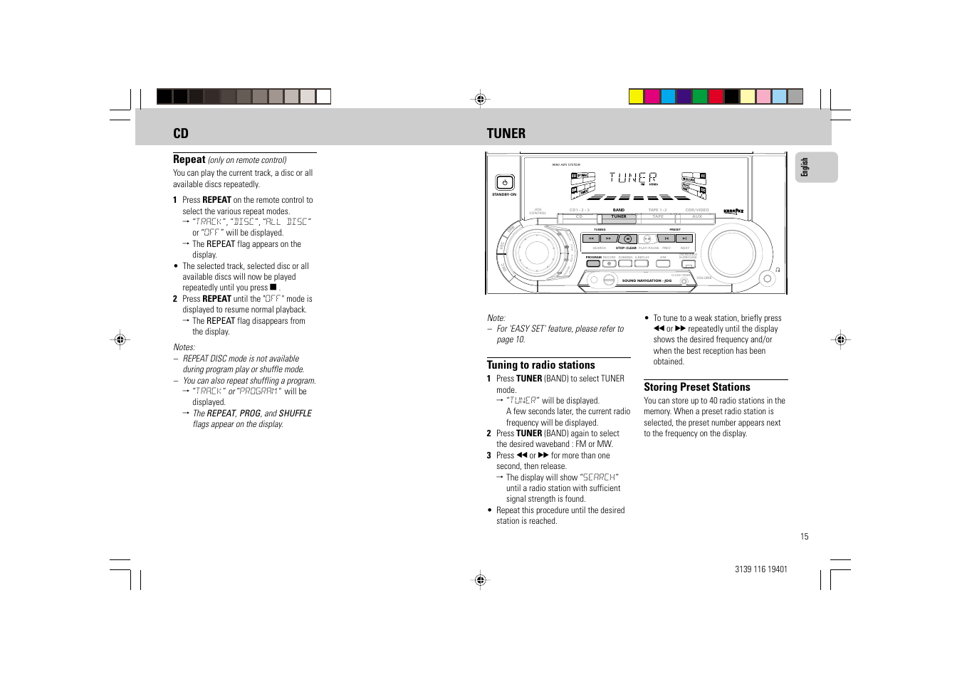 Cd tuner, Repeat, Tuning to radio stations | Storing preset stations | Philips FW-C39 User Manual | Page 15 / 24